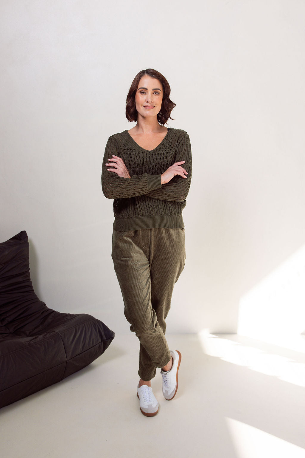 See Saw Open Stitch V-Neck Sweater - Khaki