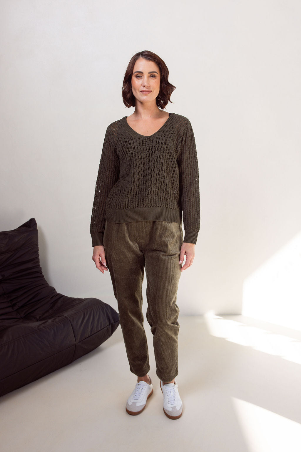 See Saw Open Stitch V-Neck Sweater - Khaki