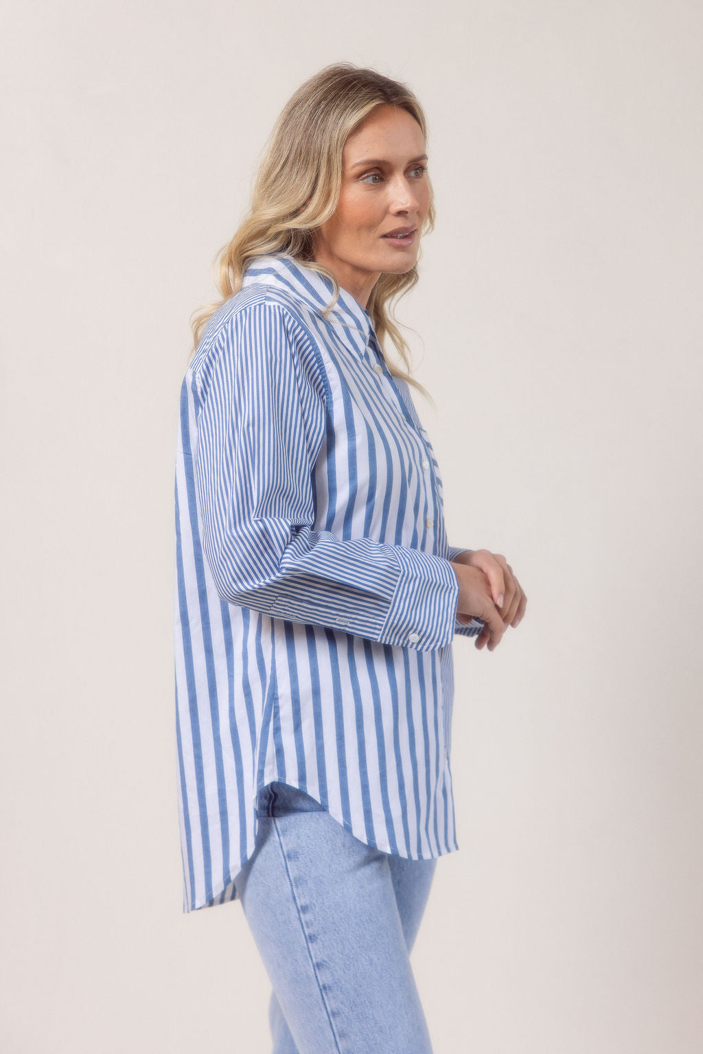 See Saw Stripe Long Sleeve Two Way Shirt - Denim/White