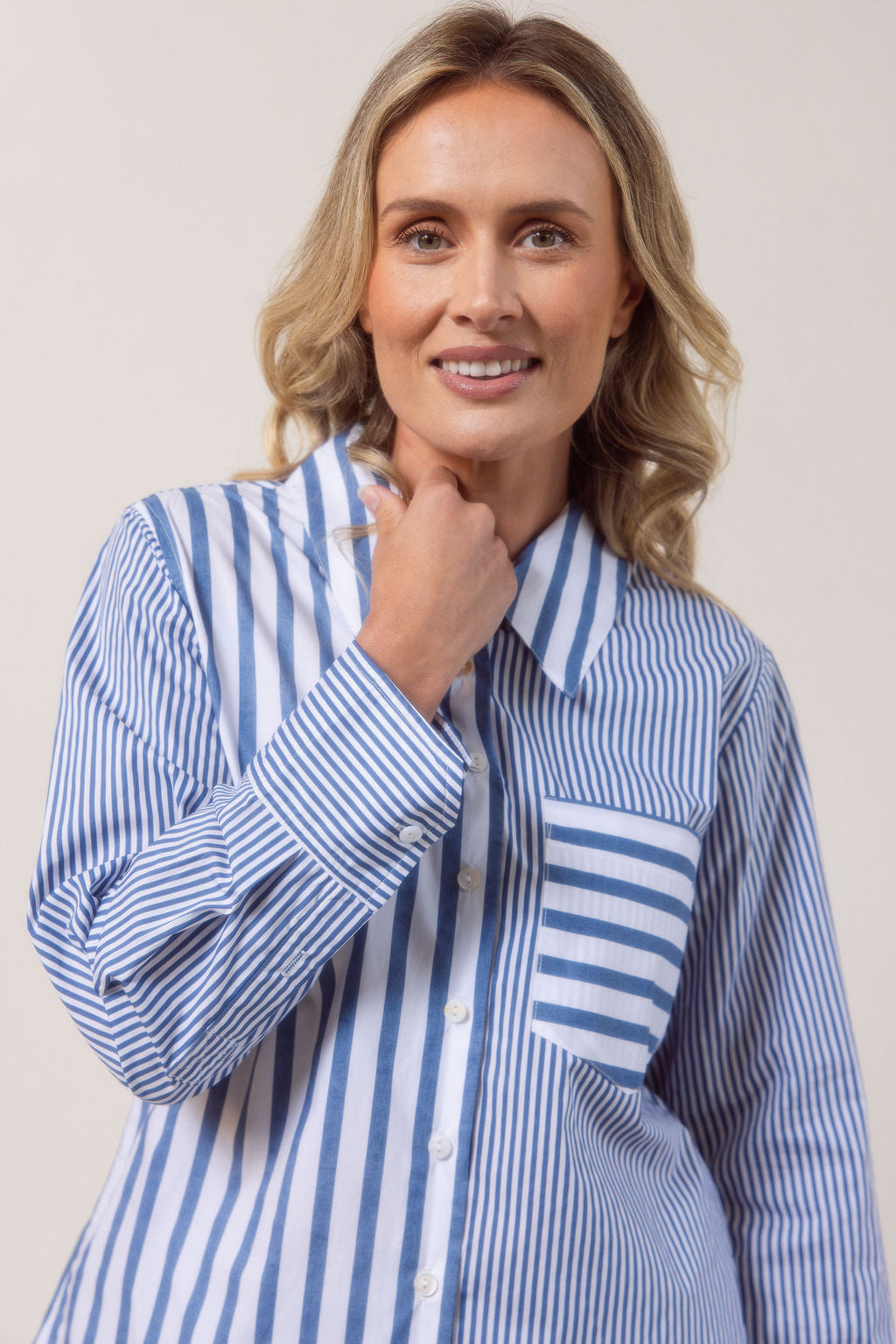 See Saw Stripe Long Sleeve Two Way Shirt - Denim/White