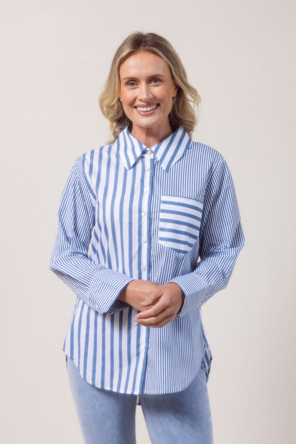 See Saw Stripe Long Sleeve Two Way Shirt - Denim/White