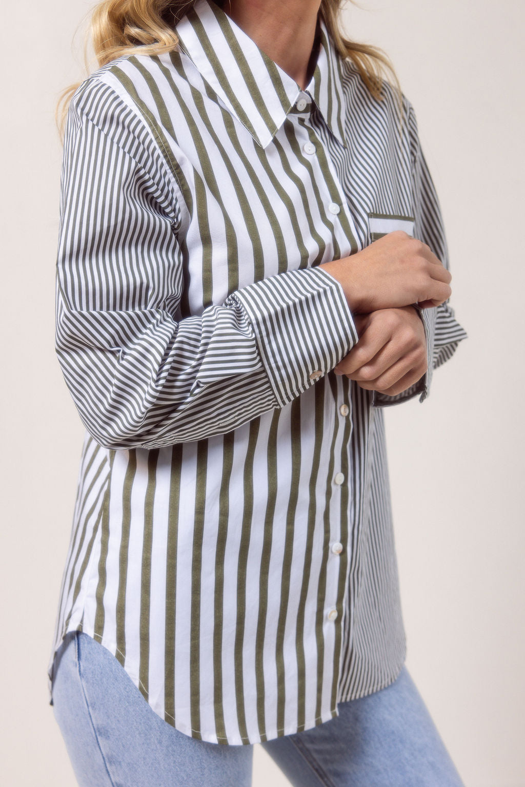 See Saw Stripe Long Sleeve Two Way Shirt - Khaki/White