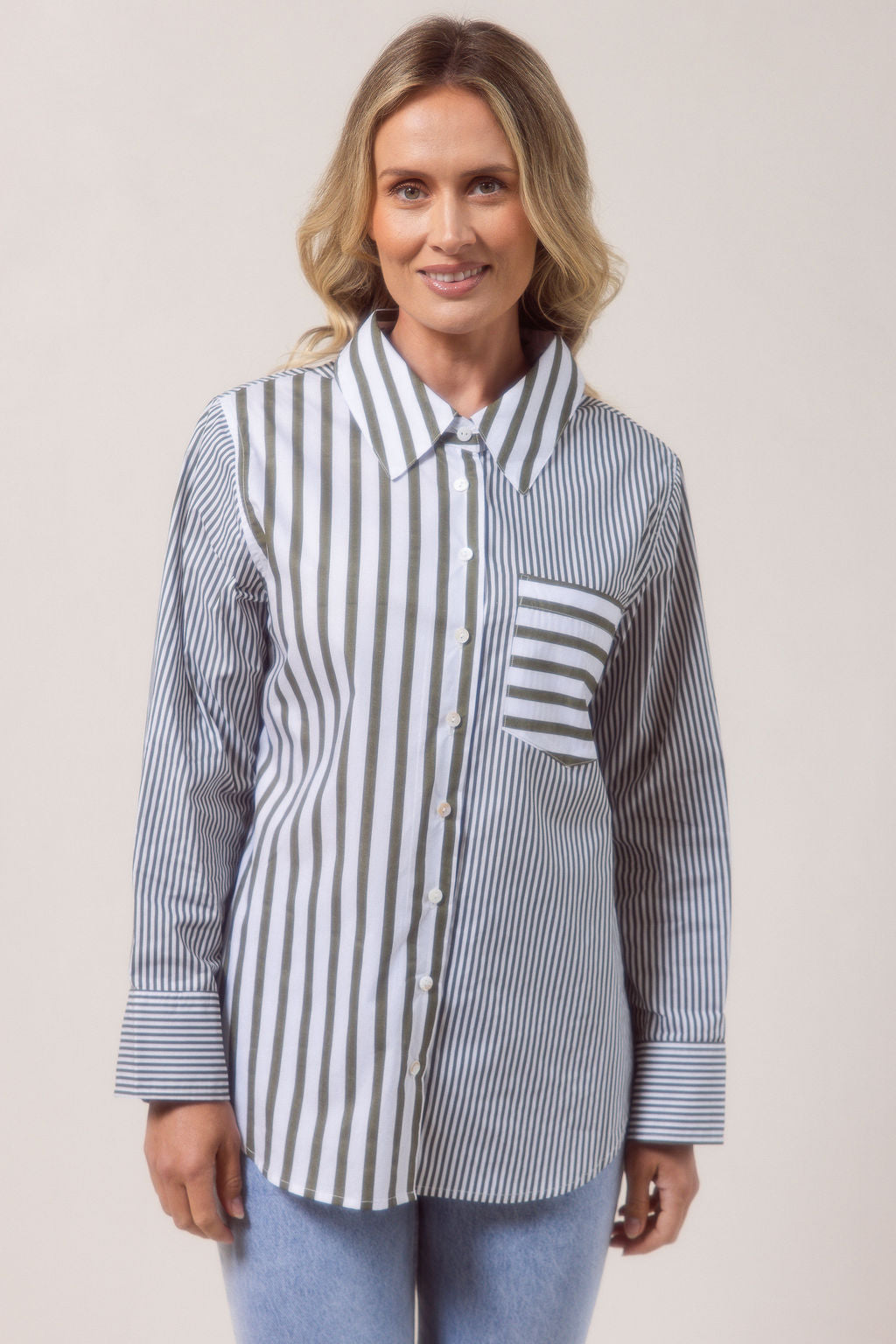 See Saw Stripe Long Sleeve Two Way Shirt - Khaki/White