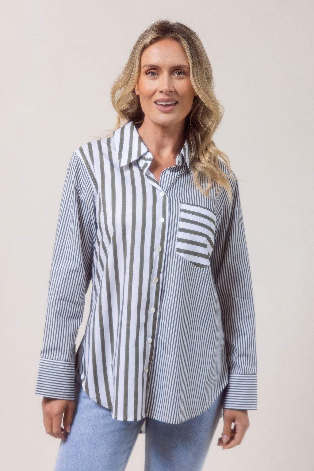 See Saw Stripe Long Sleeve Two Way Shirt - Khaki/White
