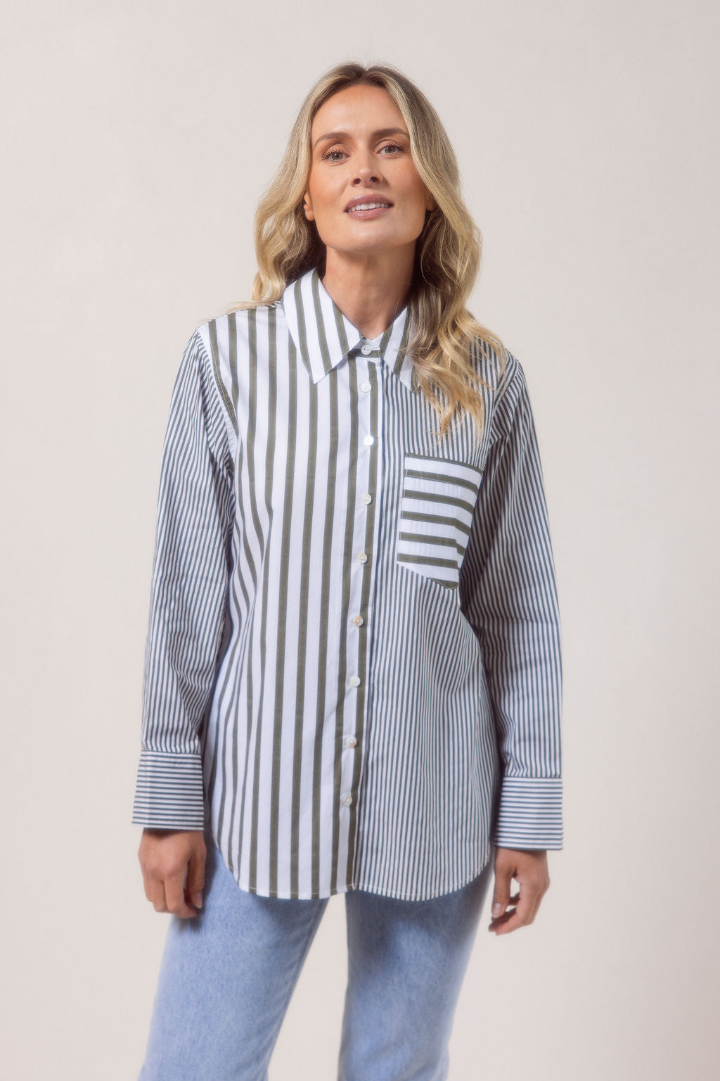 See Saw Stripe Long Sleeve Two Way Shirt - Khaki/White
