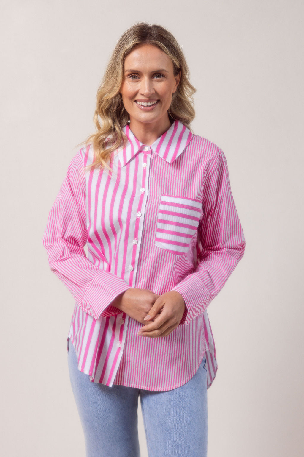See Saw Long Sleeve Two Way Shirt - Pink/White