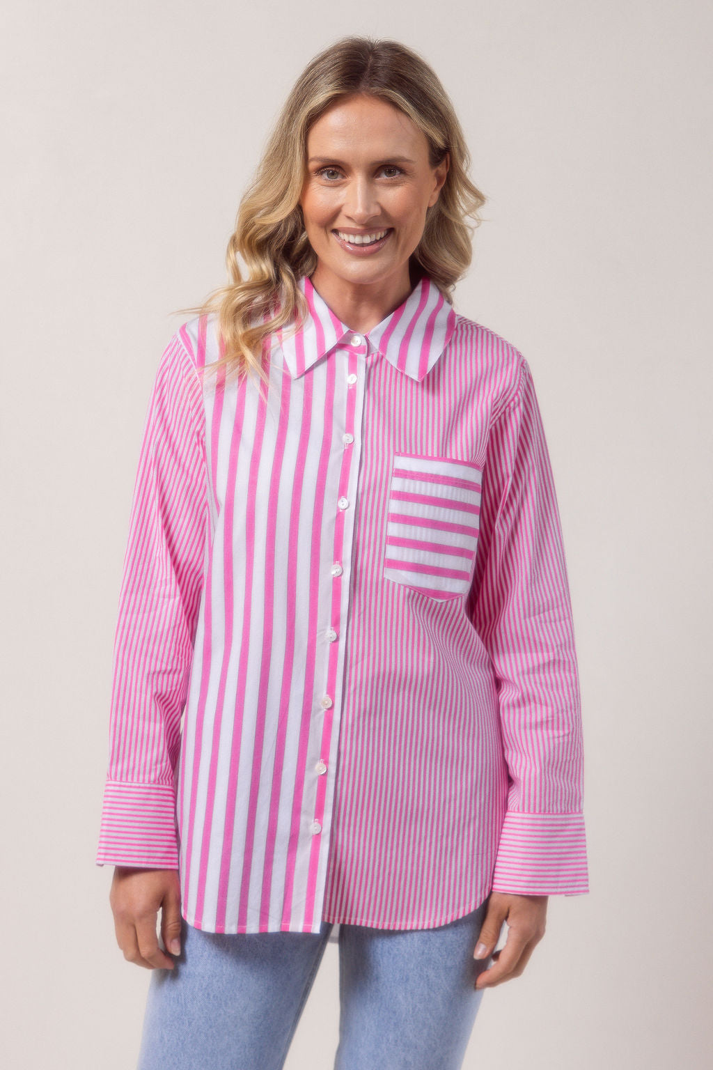 See Saw Long Sleeve Two Way Shirt - Pink/White