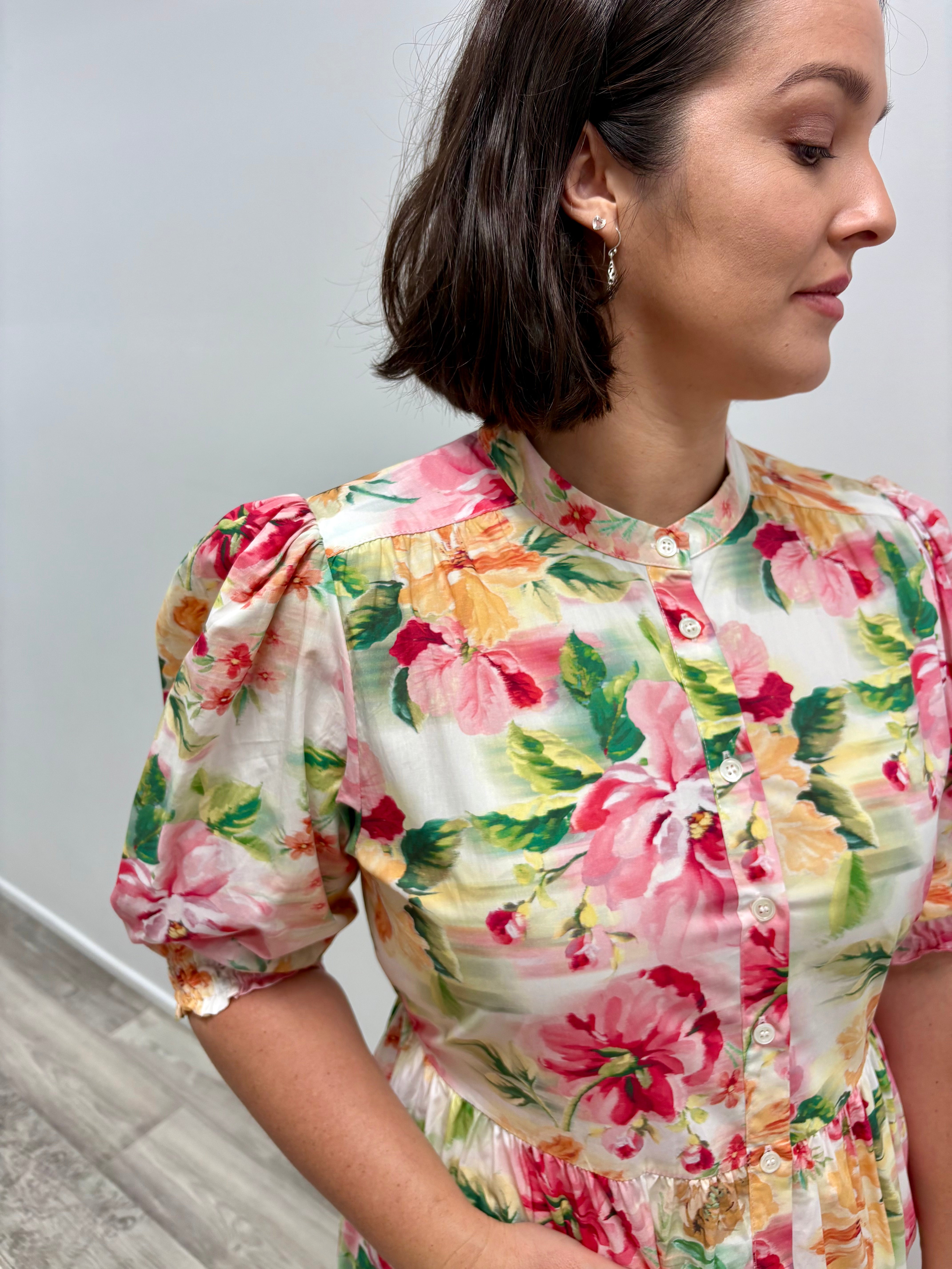 Goondiwindi Cotton Puff Sleeve Button Through Cotton Dress - Blurred Floral