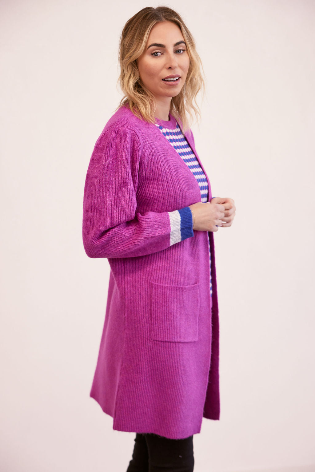 Kaleido Open Long Line 2 Pocket Cardigan - Cerise