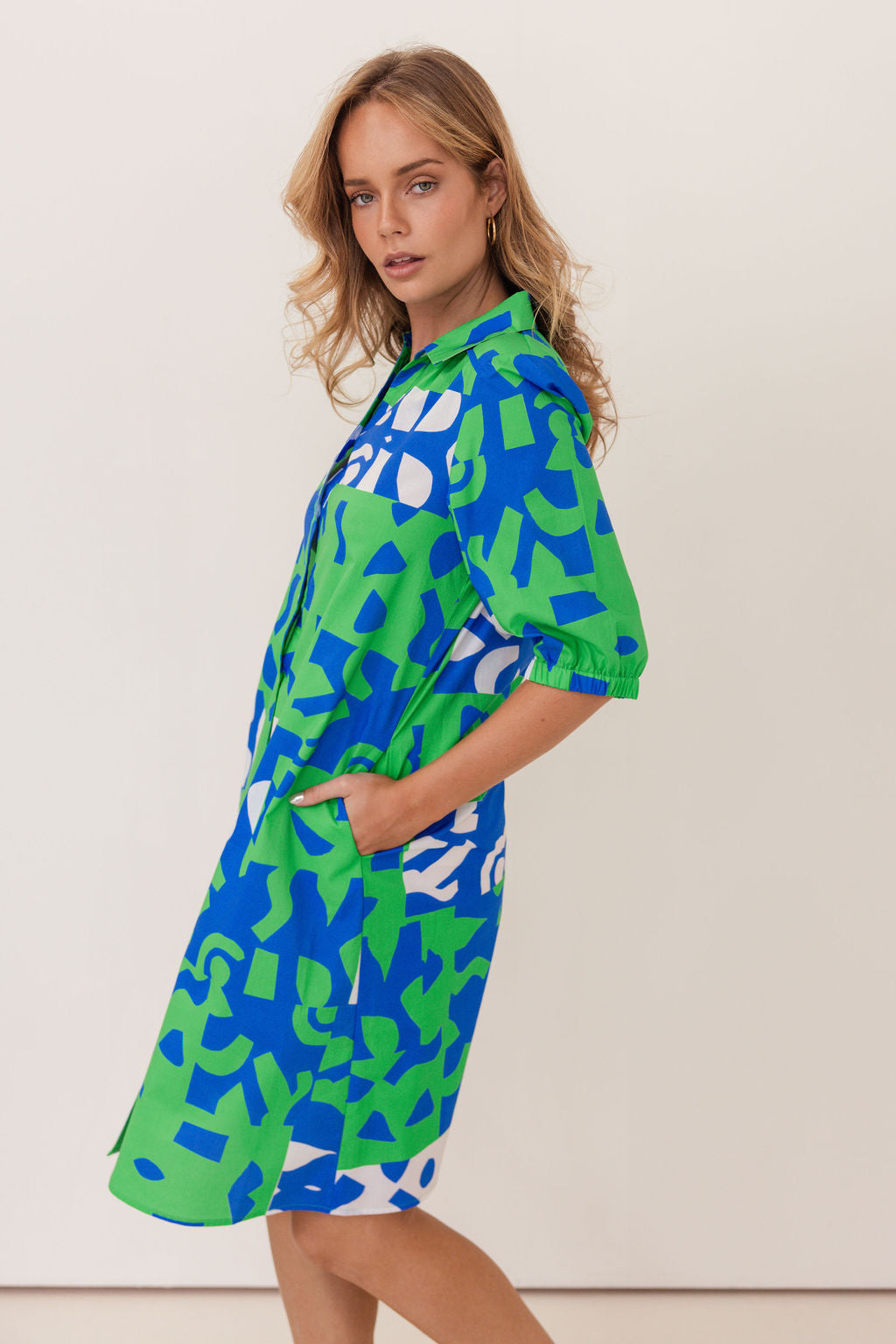 Kaleido Collared Button Thru Dress - Puzzle Print