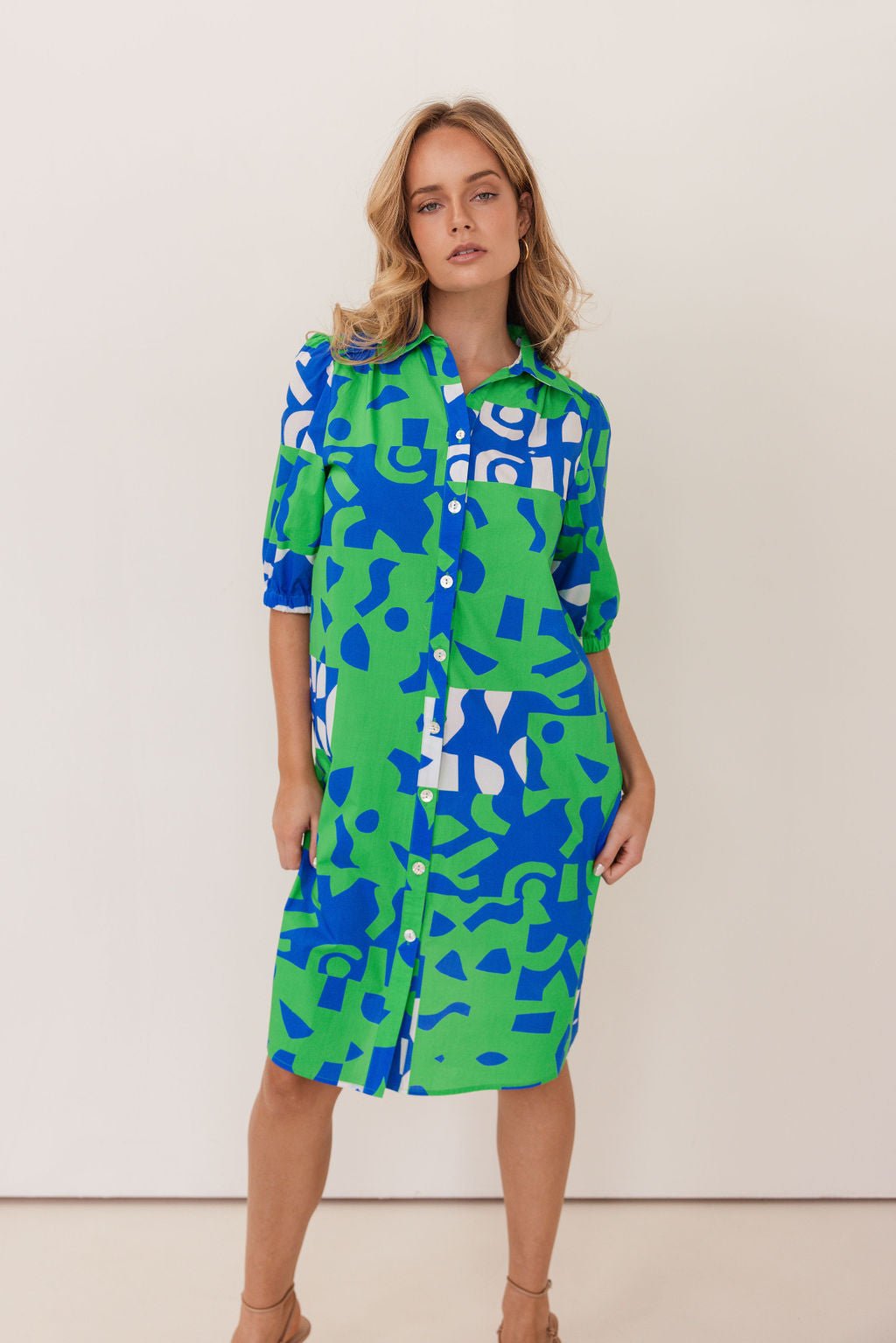 Kaleido Collared Button Thru Dress - Puzzle Print