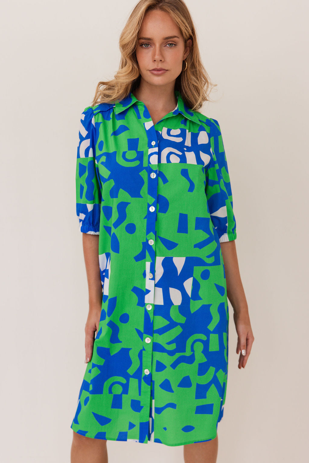 Kaleido Collared Button Thru Dress - Puzzle Print