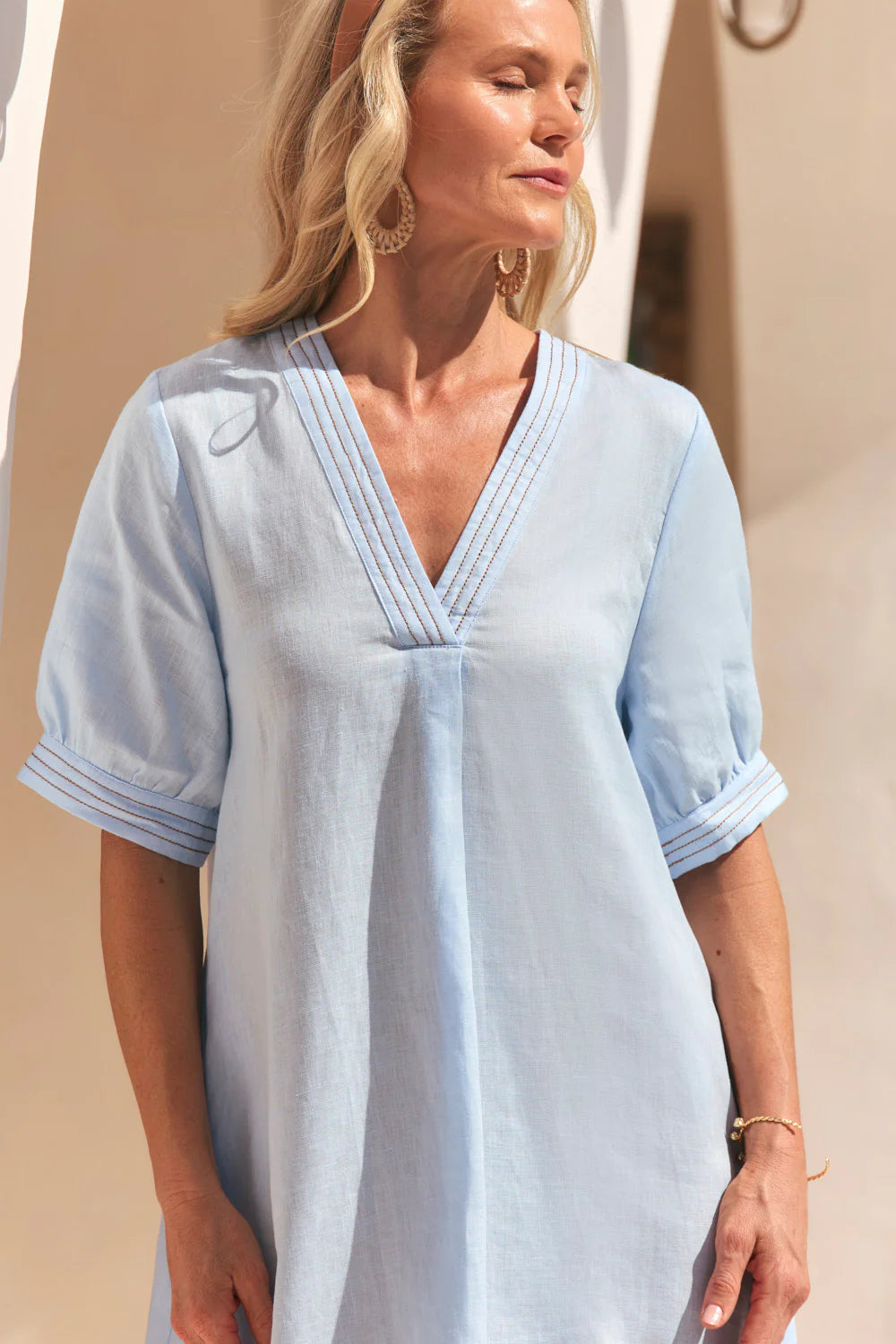 Adrift Kora A-Line Puff Sleeve Linen Dress - Powder Blue