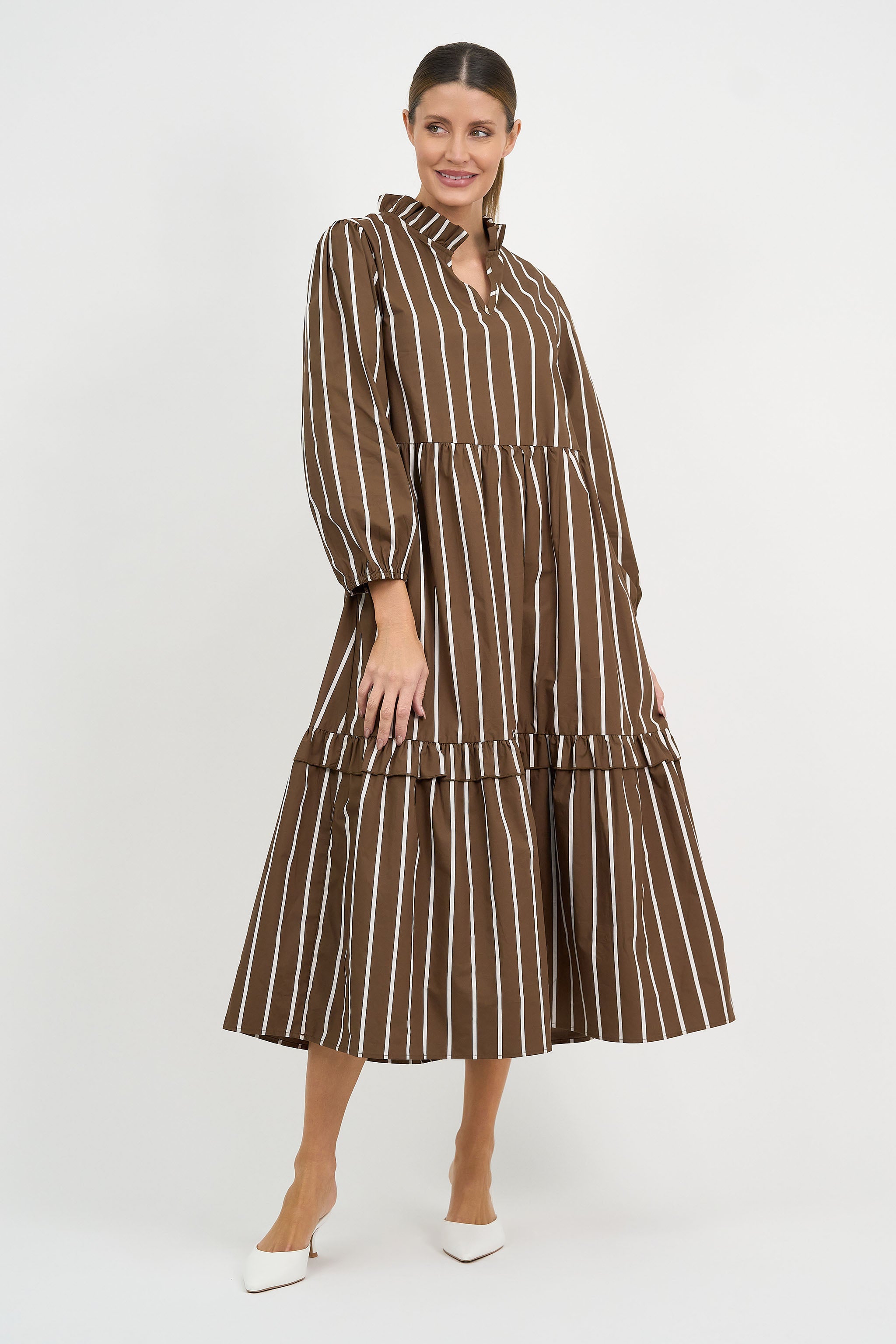 Liberty Rose Chocolate Stripe Tiered Midi Dress