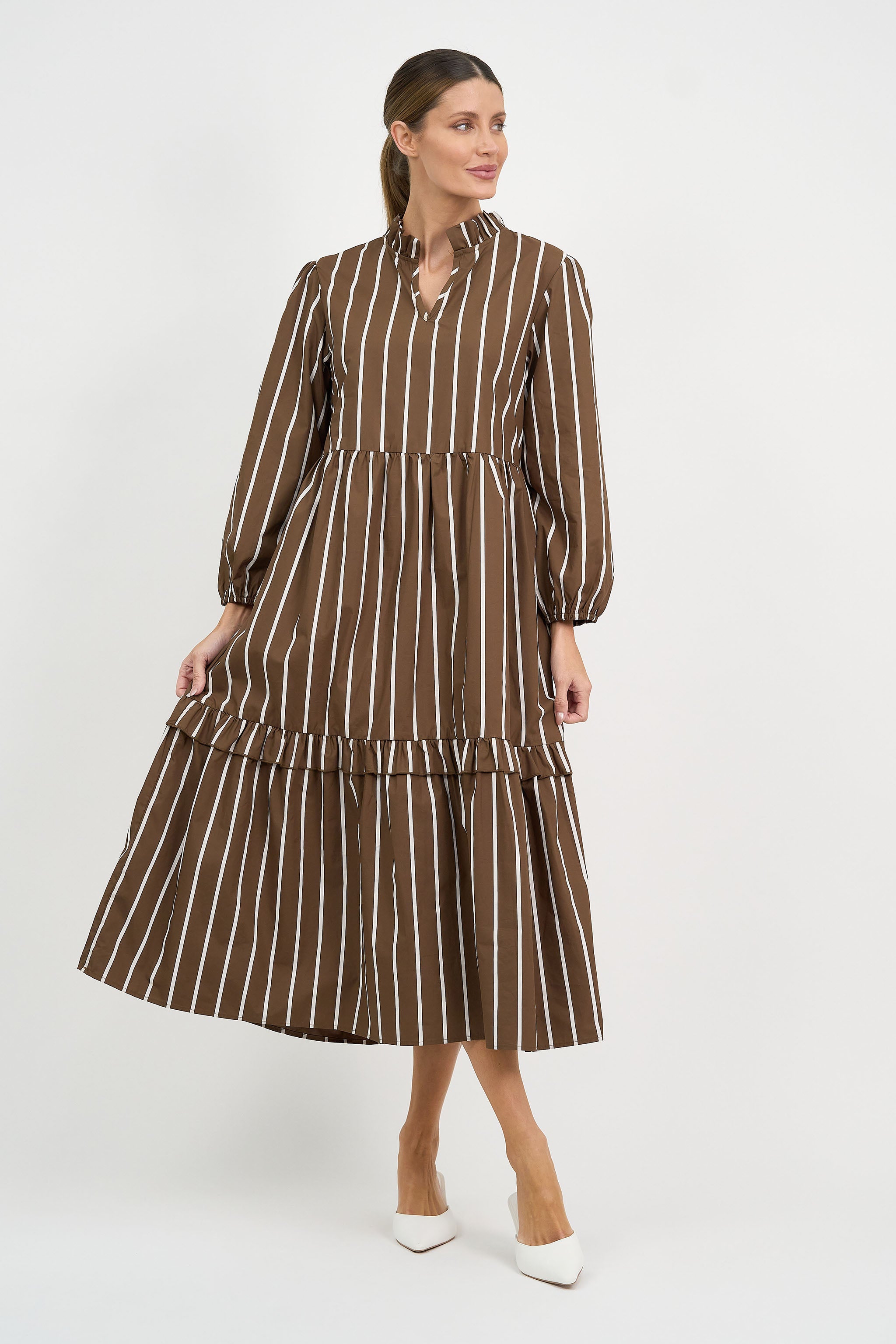 Liberty Rose Chocolate Stripe Tiered Midi Dress