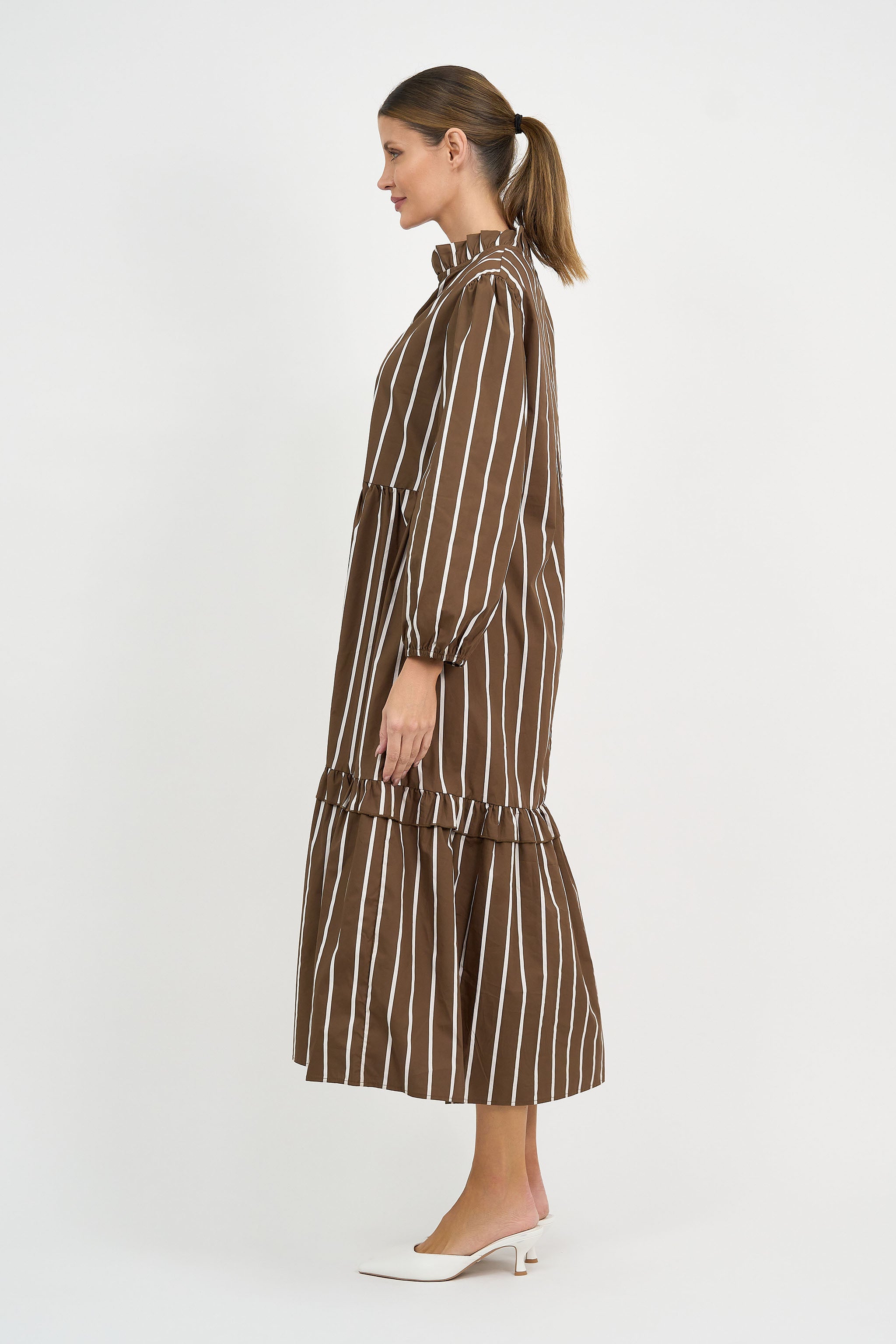 Liberty Rose Chocolate Stripe Tiered Midi Dress