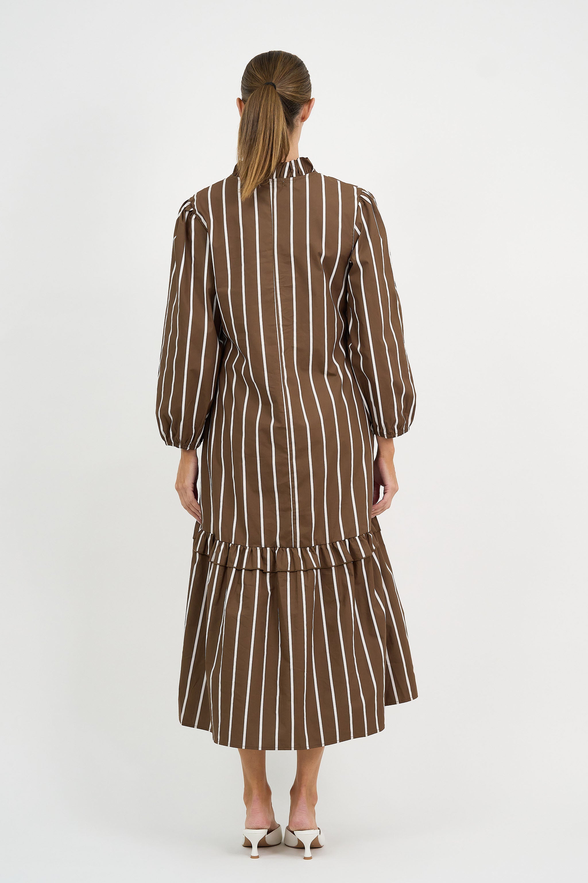 Liberty Rose Chocolate Stripe Tiered Midi Dress