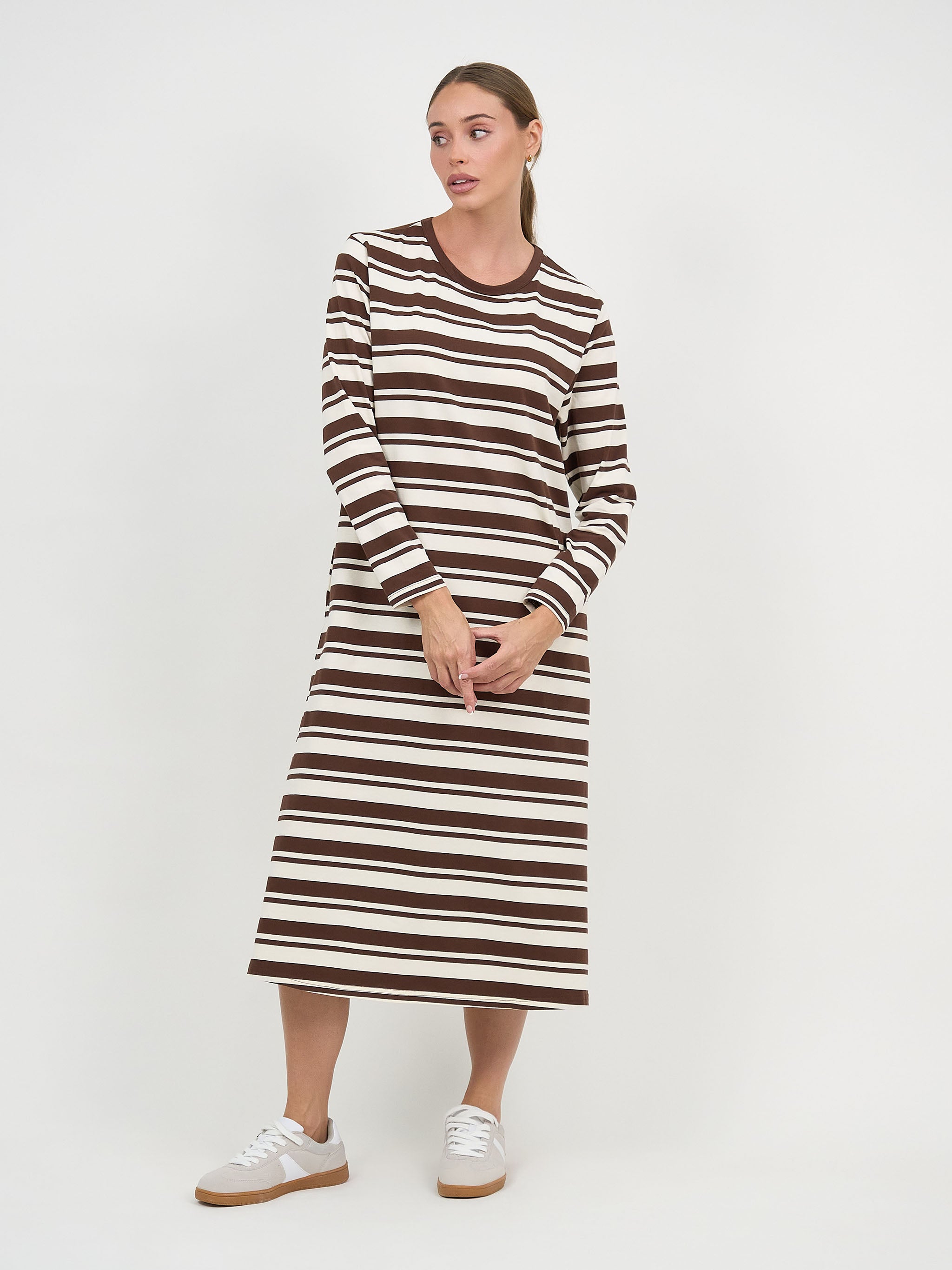 Liberty Rose Stripe Lounge Midi Dress – Chocolate/Ivory