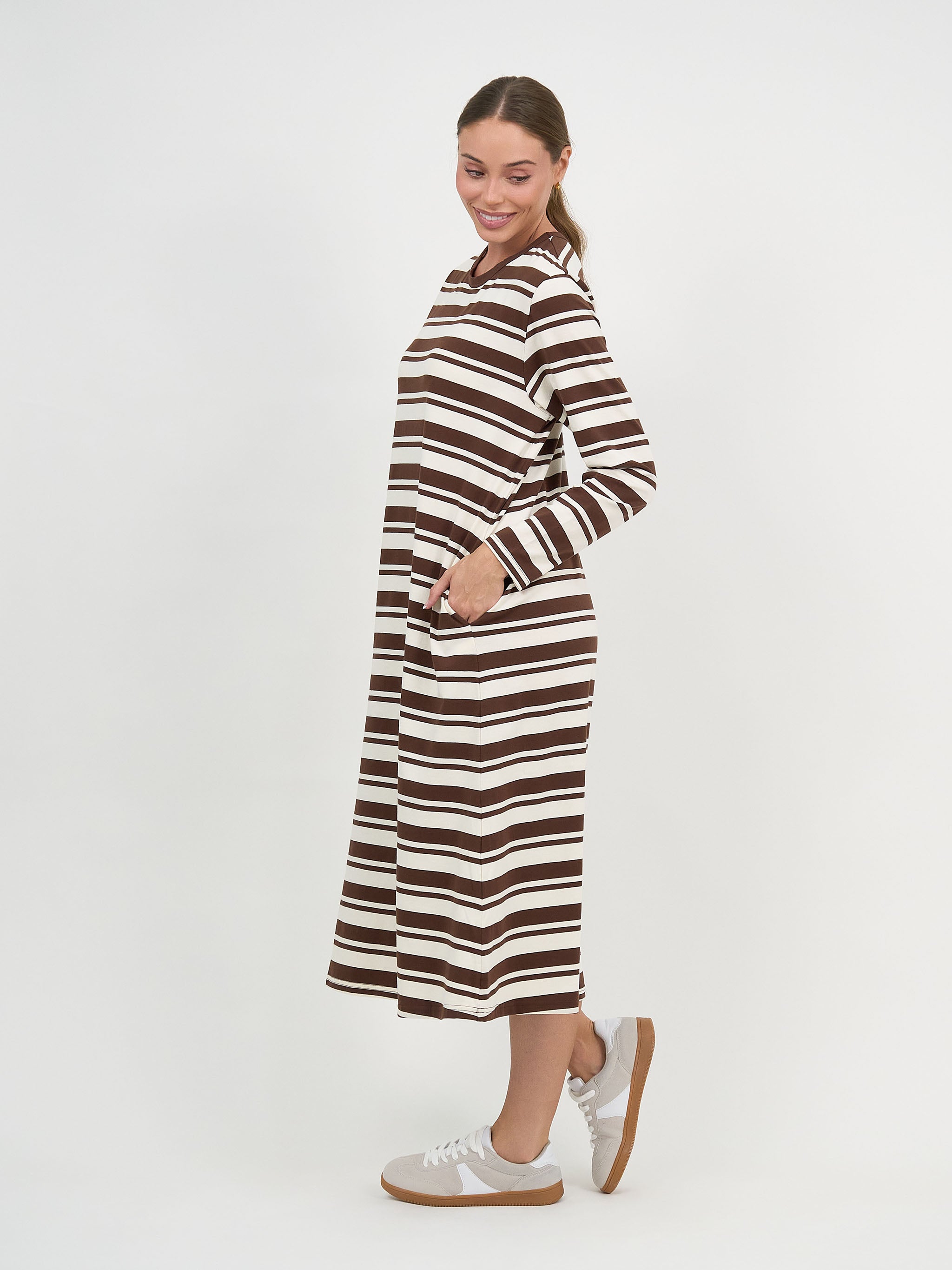 Liberty Rose Stripe Lounge Midi Dress – Chocolate/Ivory
