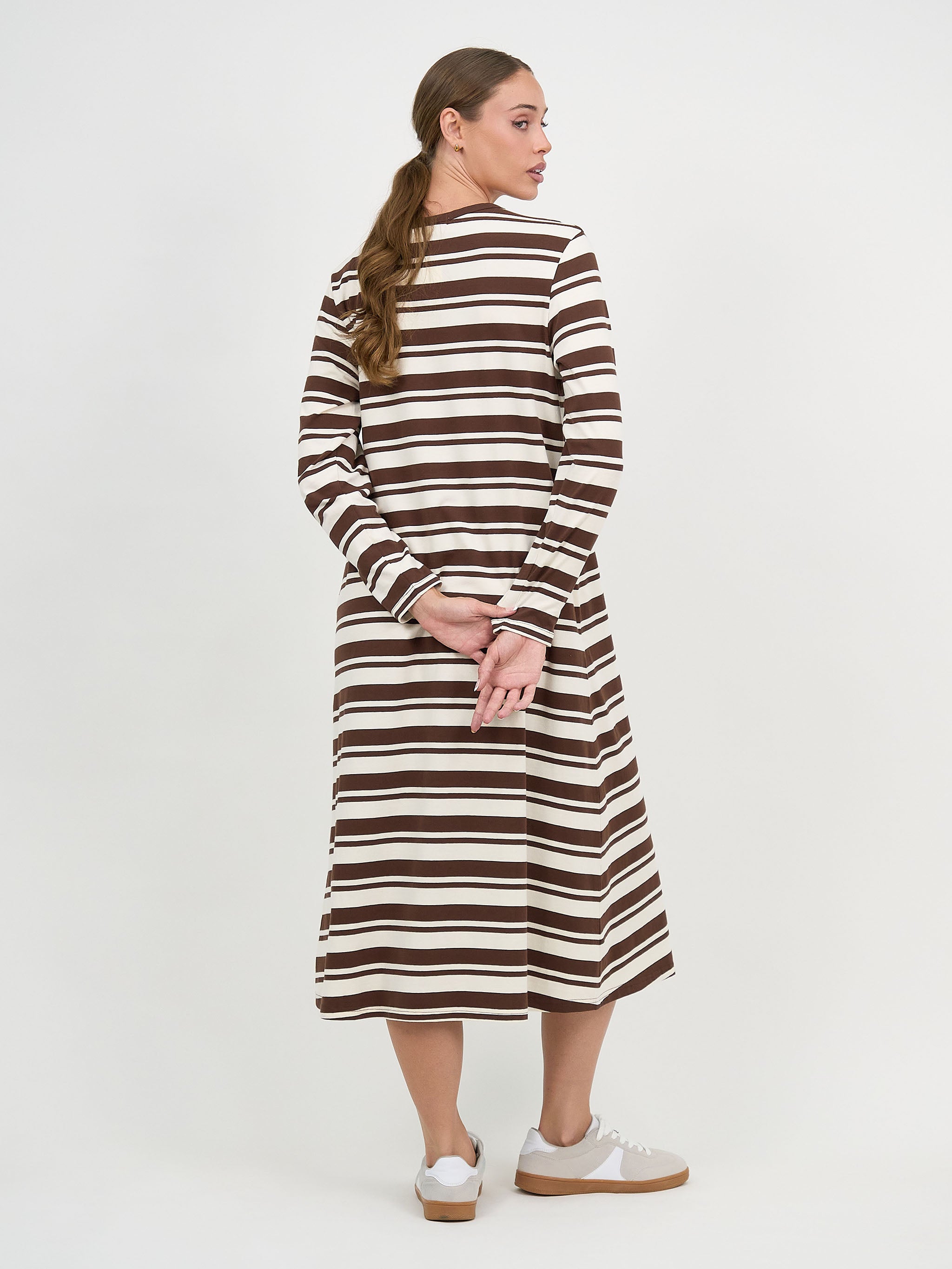 Liberty Rose Stripe Lounge Midi Dress – Chocolate/Ivory