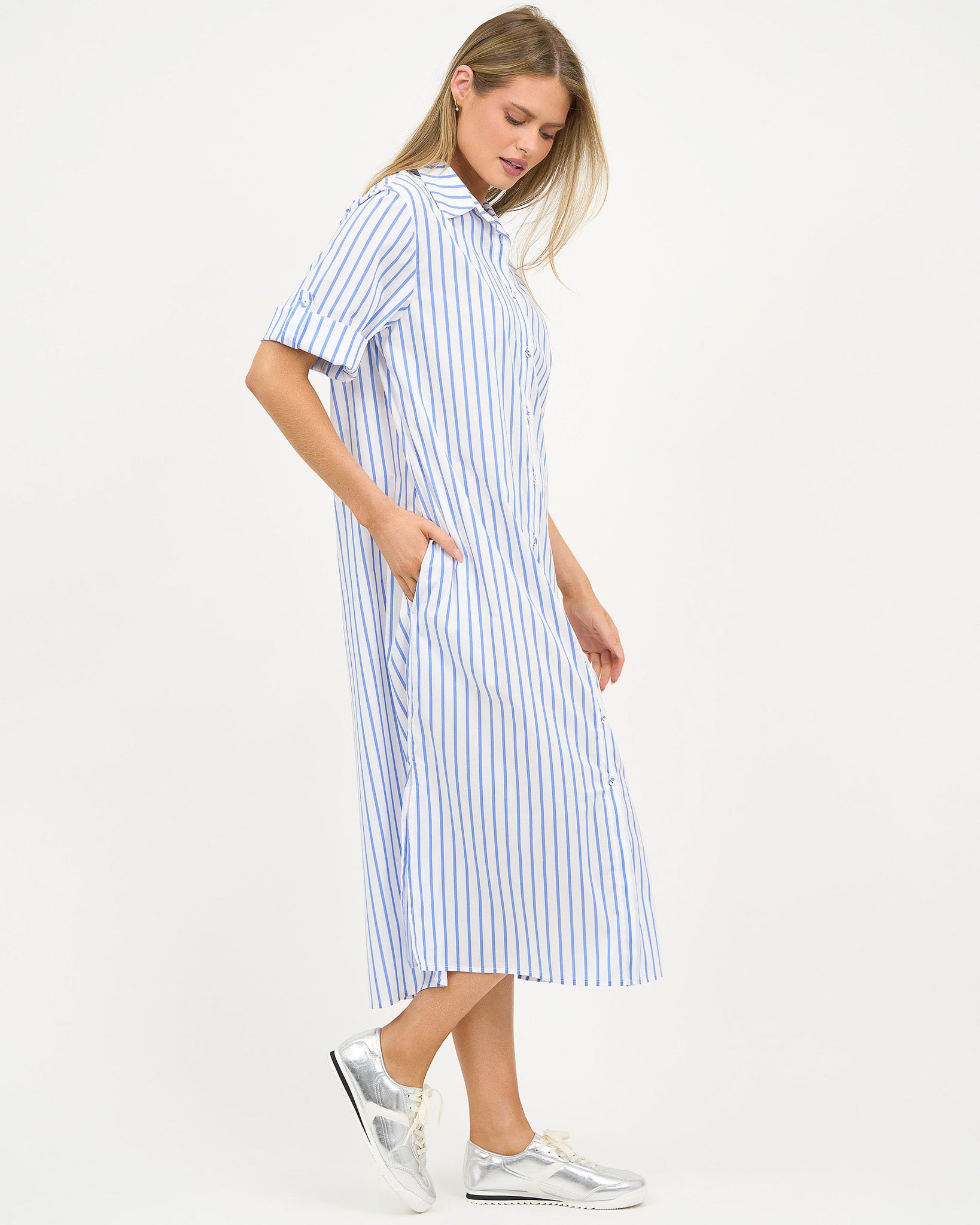 Liberty Rose Stripe Belted Shirt Dress - Blue/White