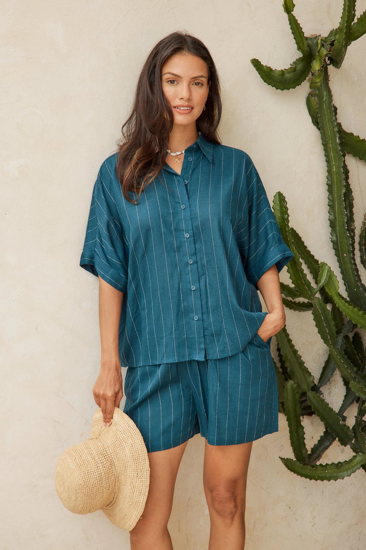 Betty Basics Palm Relax Shorts - Teal/White Stripe