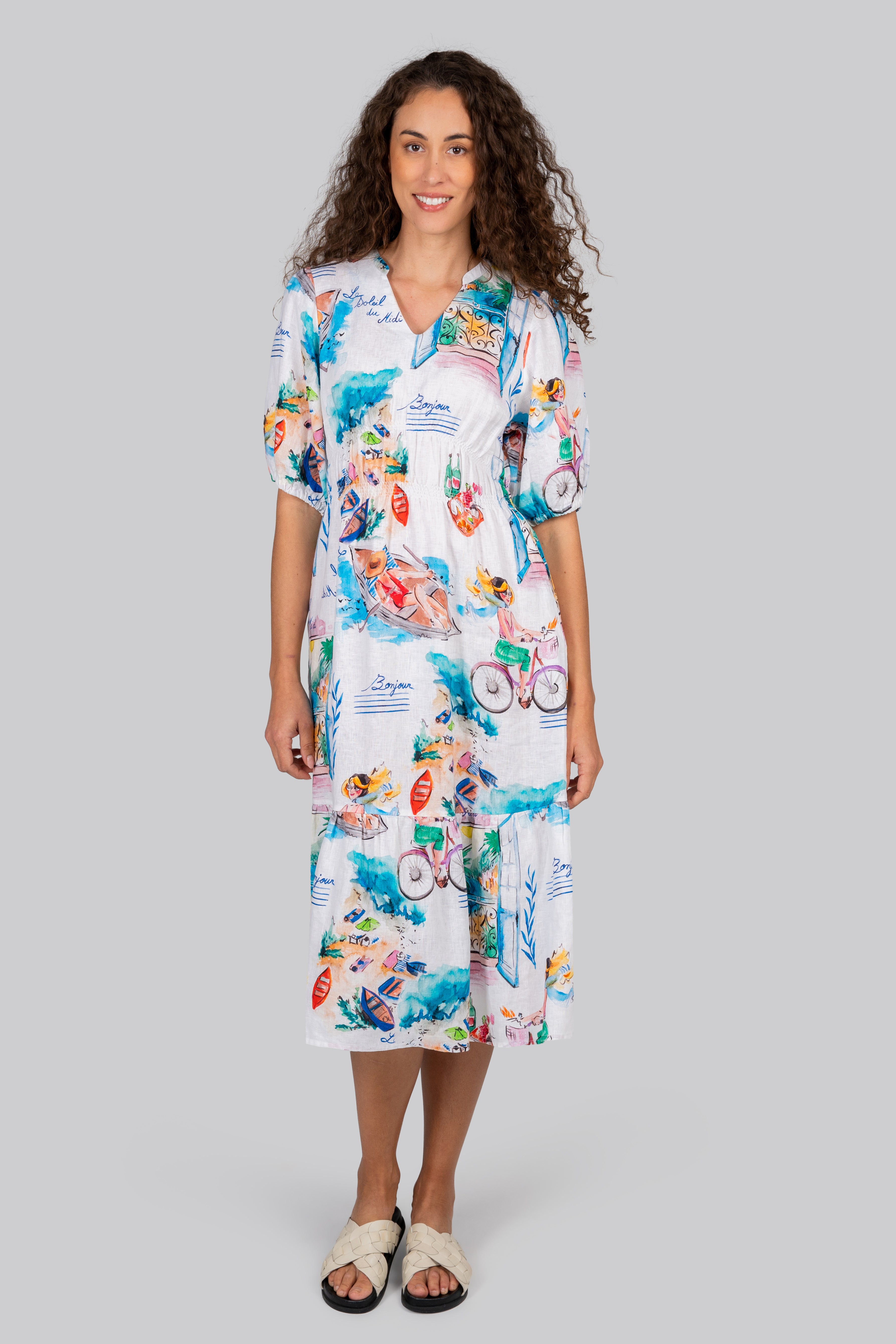 Kaleido Gathered Elbow Sleeve Dress - French Riviera