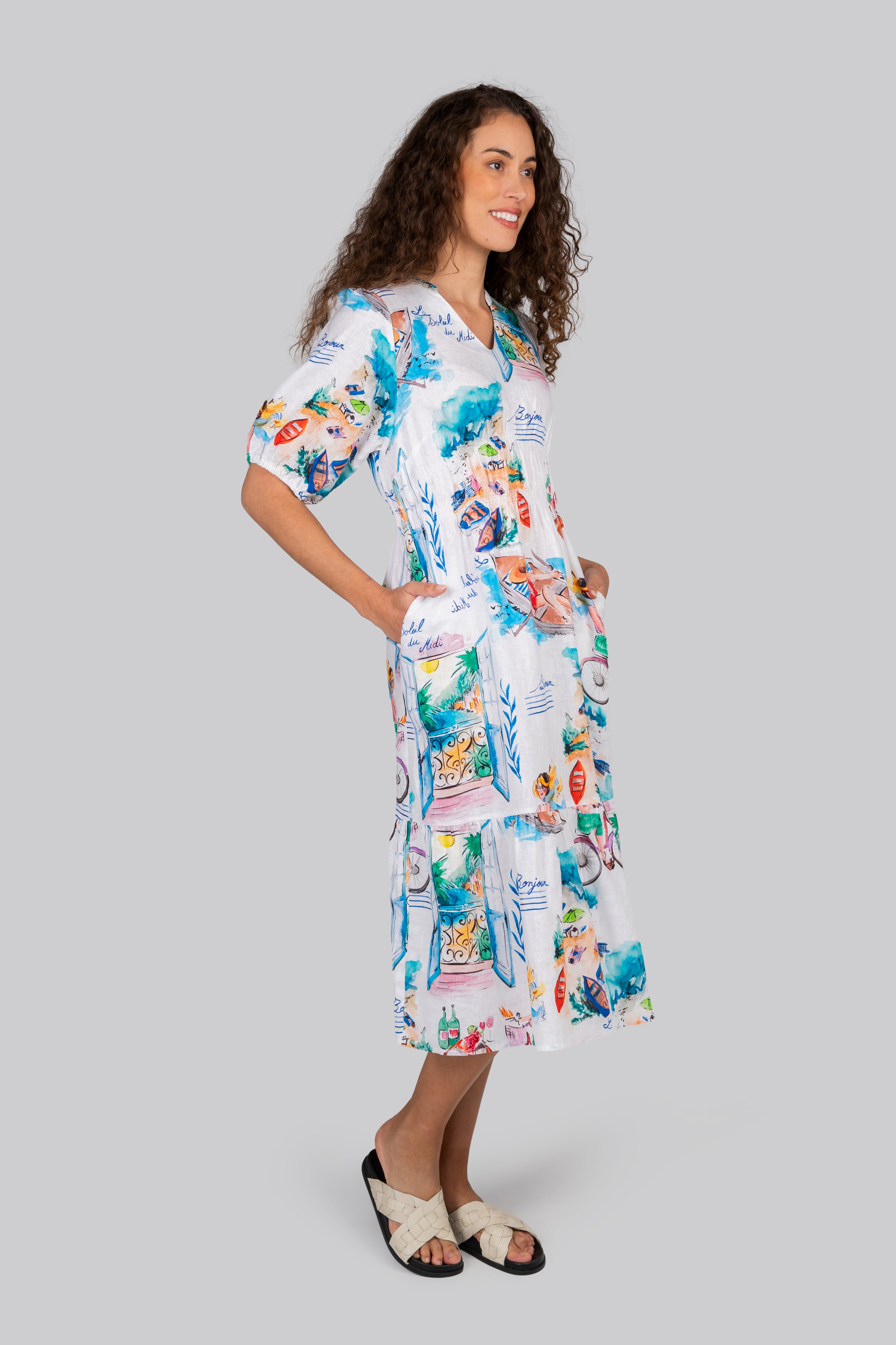 Kaleido Gathered Elbow Sleeve Dress - French Riviera