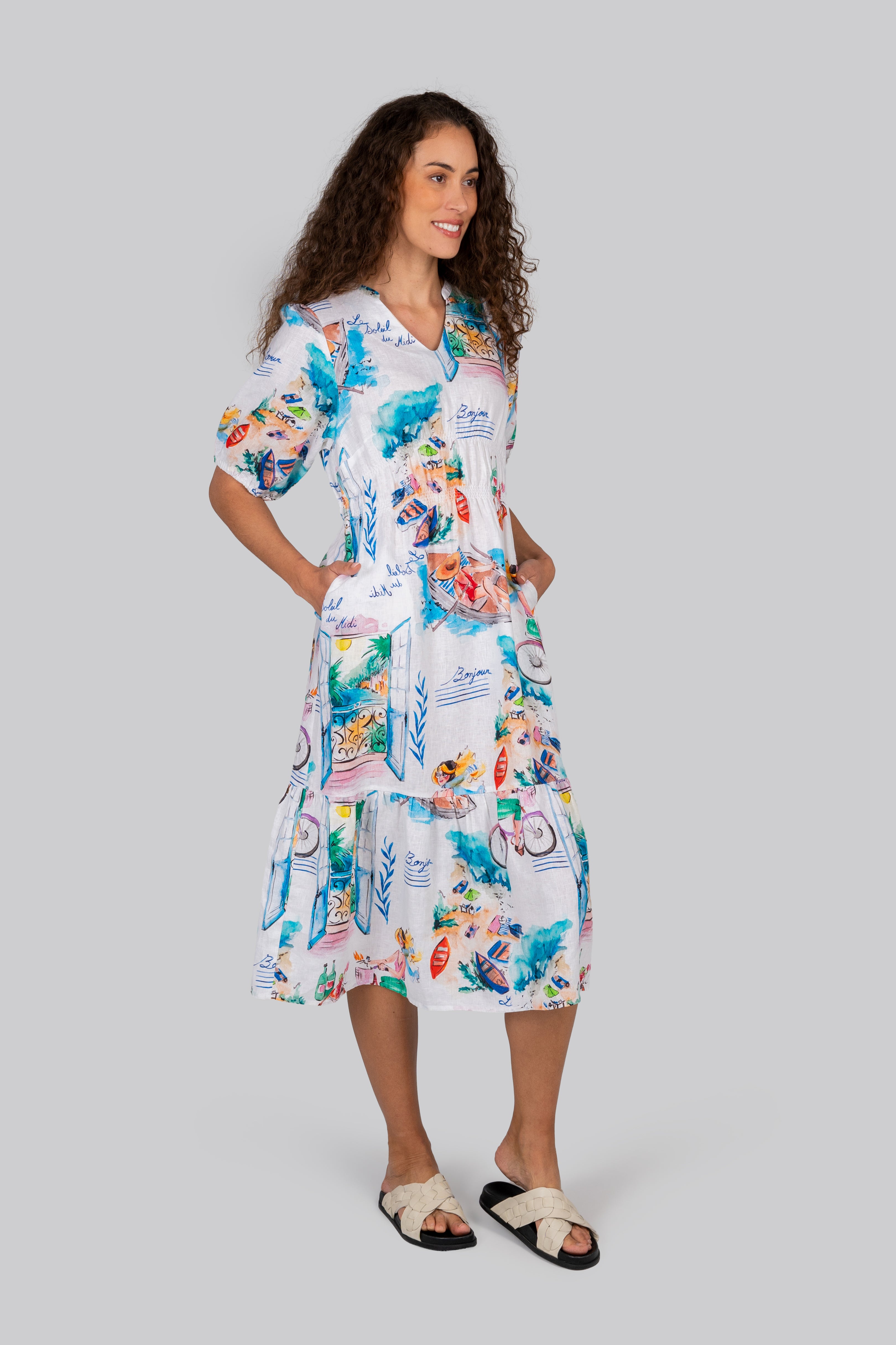 Kaleido Gathered Elbow Sleeve Dress - French Riviera