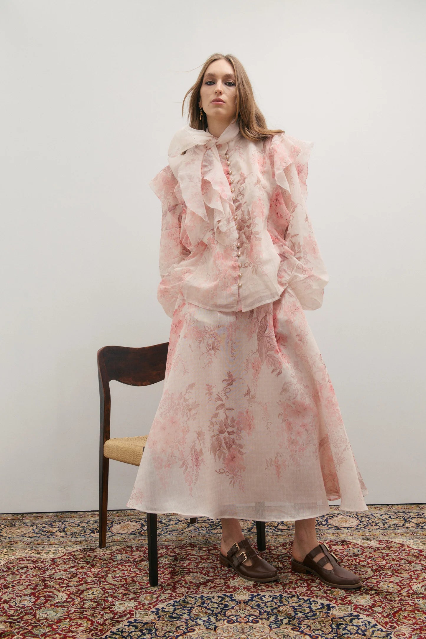 Maevarii Chloe Ruffle Bow Blouse - Floating Frost Flowers