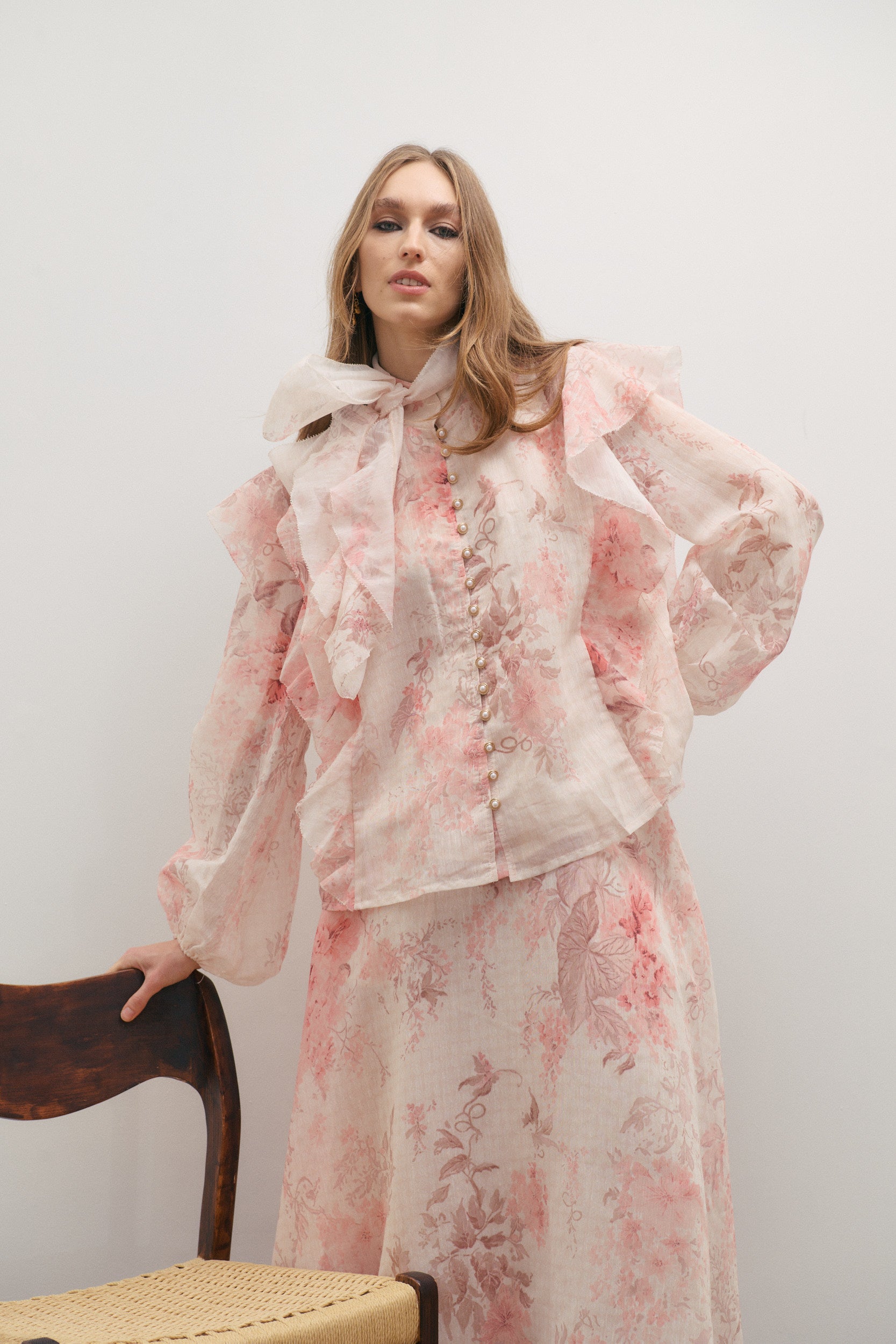 Maevarii Chloe Ruffle Bow Blouse - Floating Frost Flowers
