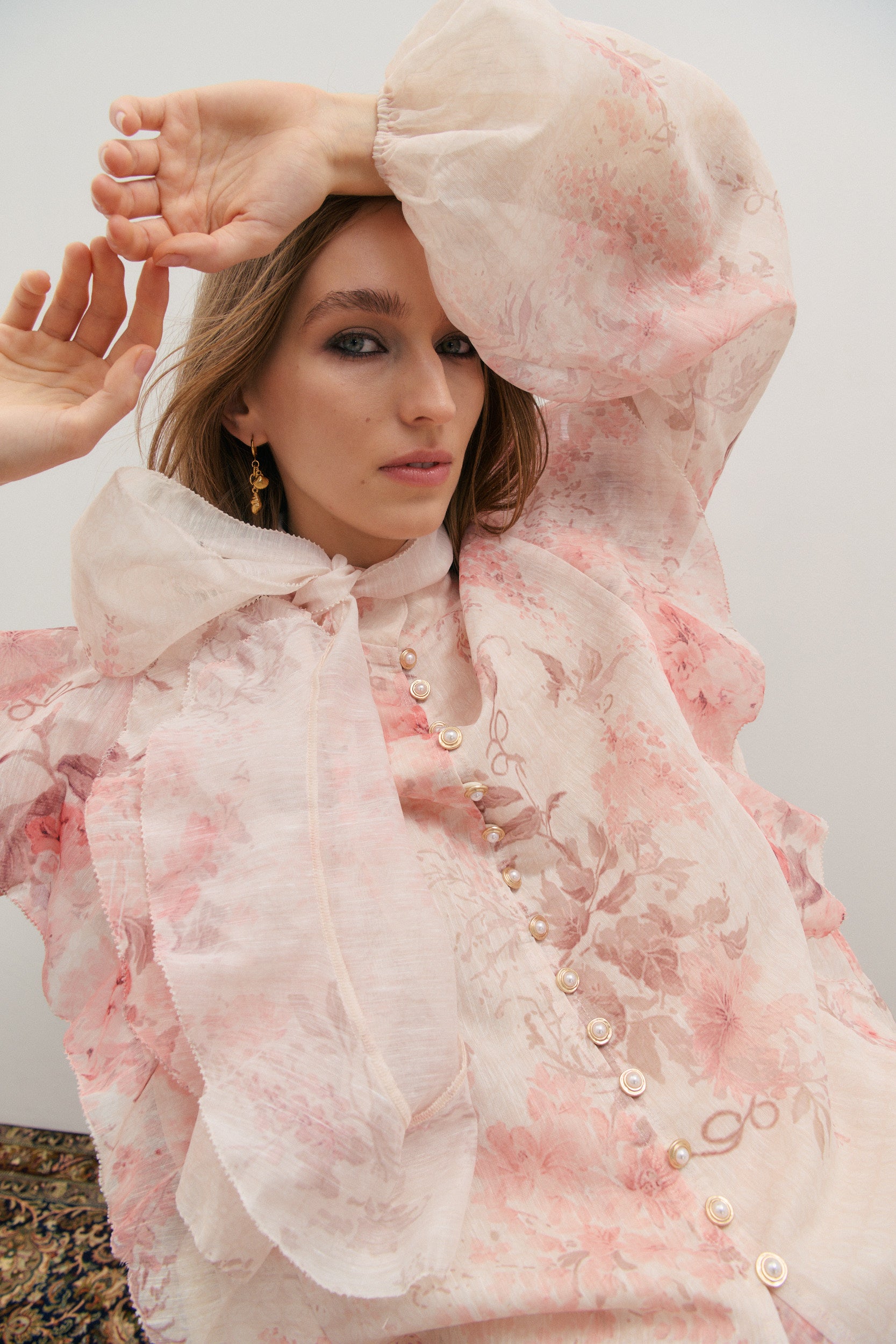 Maevarii Chloe Ruffle Bow Blouse - Floating Frost Flowers