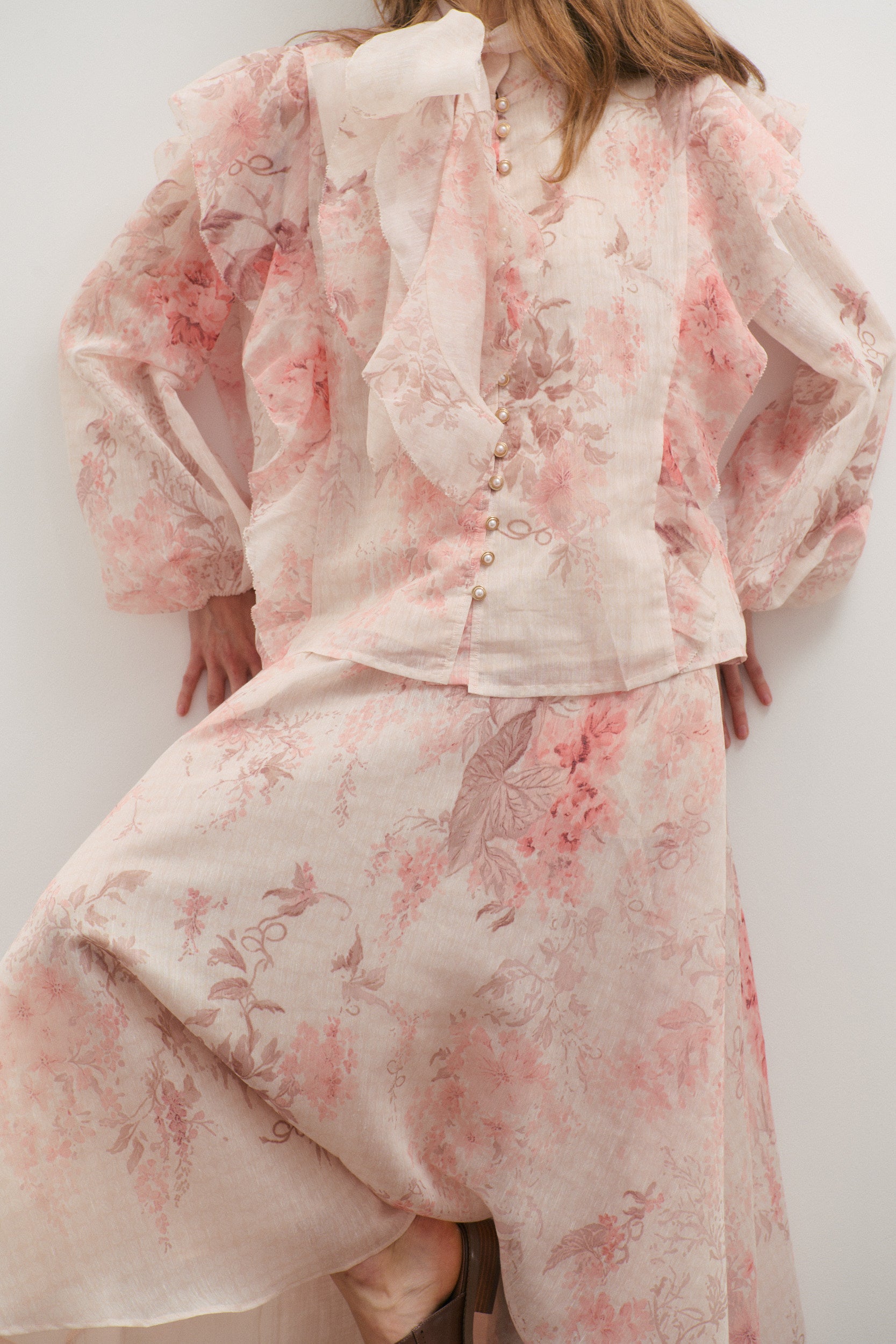 Maevarii Chloe Ruffle Bow Blouse - Floating Frost Flowers