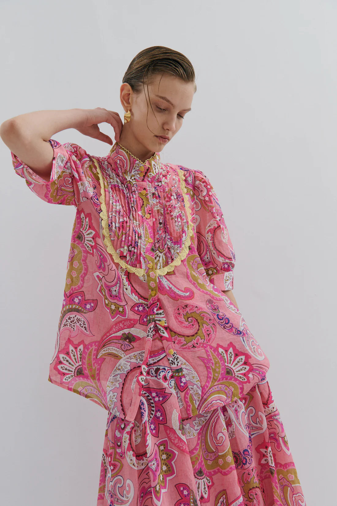 Maevarii Charlotte Short Blouson Sleeve Shirt - Magical Pink Fairytale