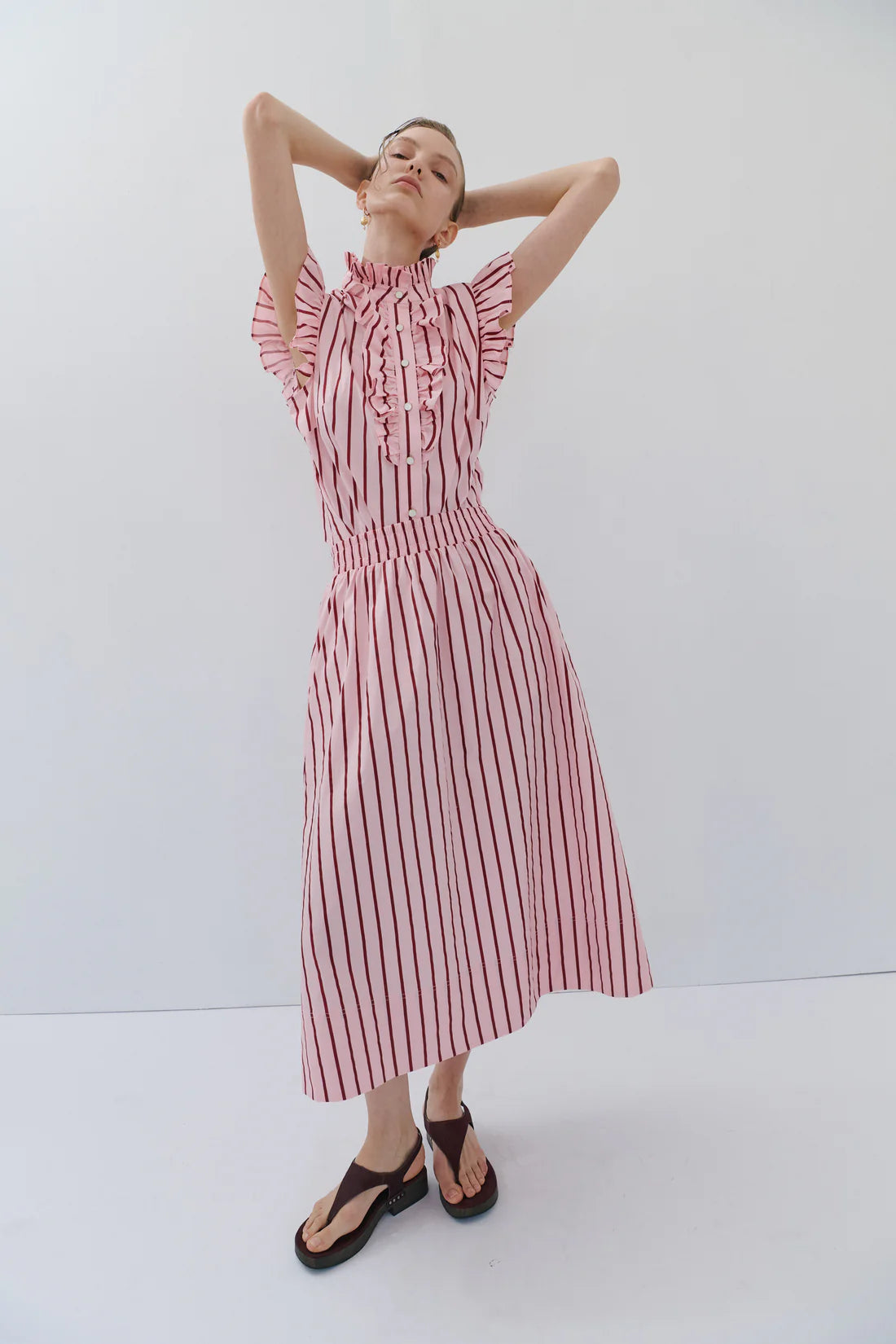 Maevarii Mad Hatters Frill Shirt - Red/Pink Pinstripe Pop