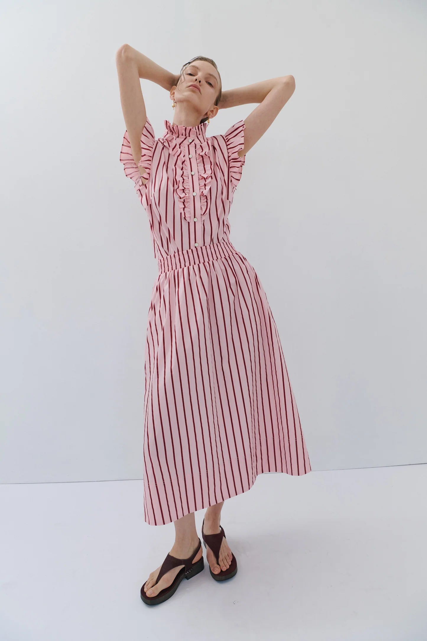 Maevarii Mad Hatters Midi Skirt - Red/Pink Pinstripe Pop