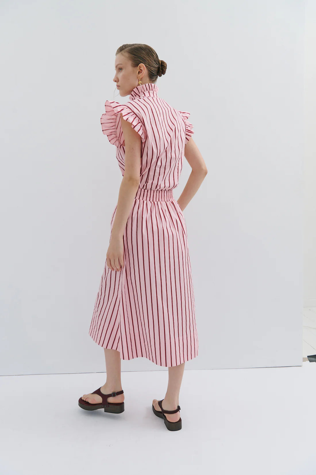Maevarii Mad Hatters Midi Skirt - Red/Pink Pinstripe Pop