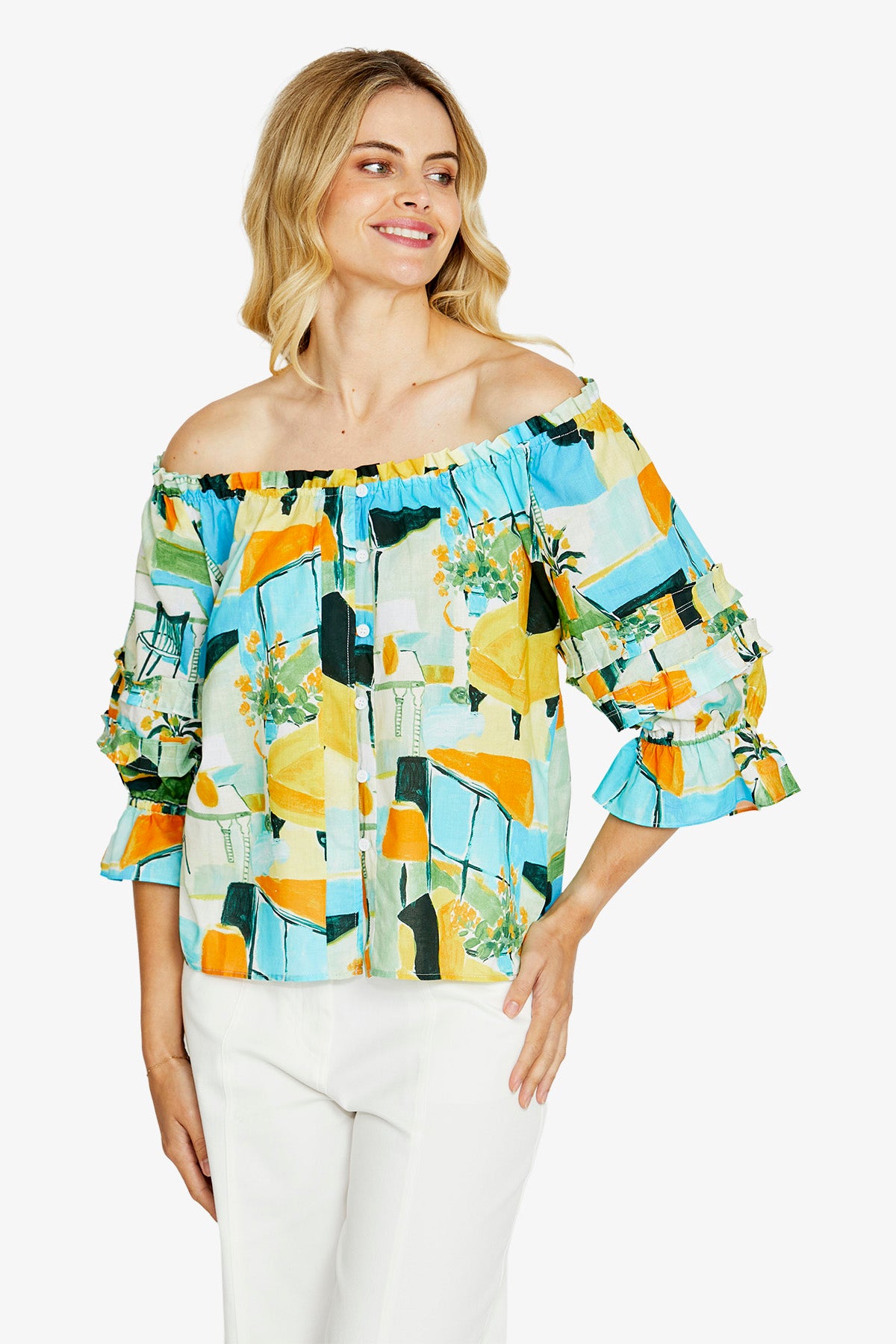 Ping Pong Alessia Button Down Peasant Top - Alfresco Print