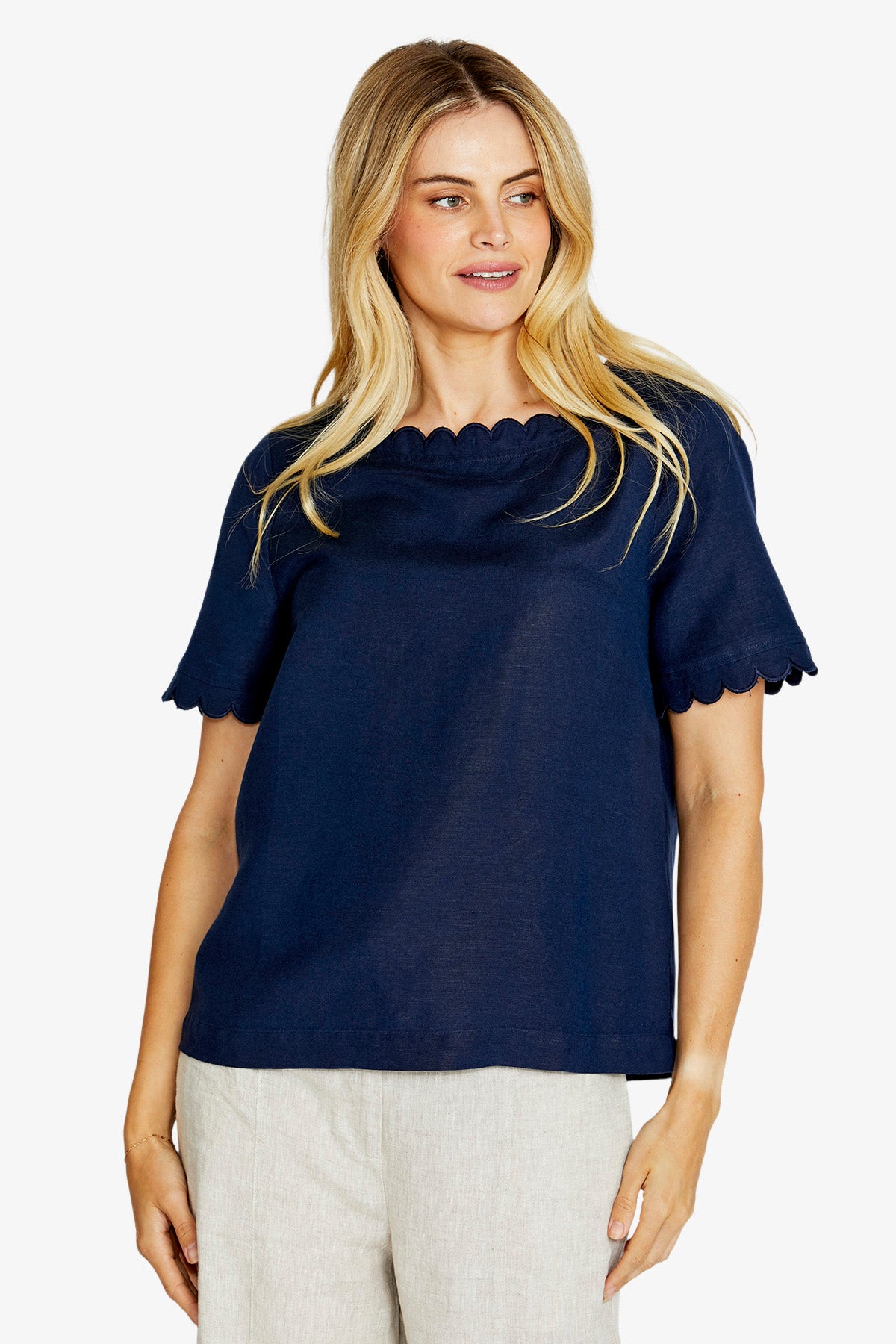 Ping Pong Monica Scallop Neck Short Sleeve Top - True Navy