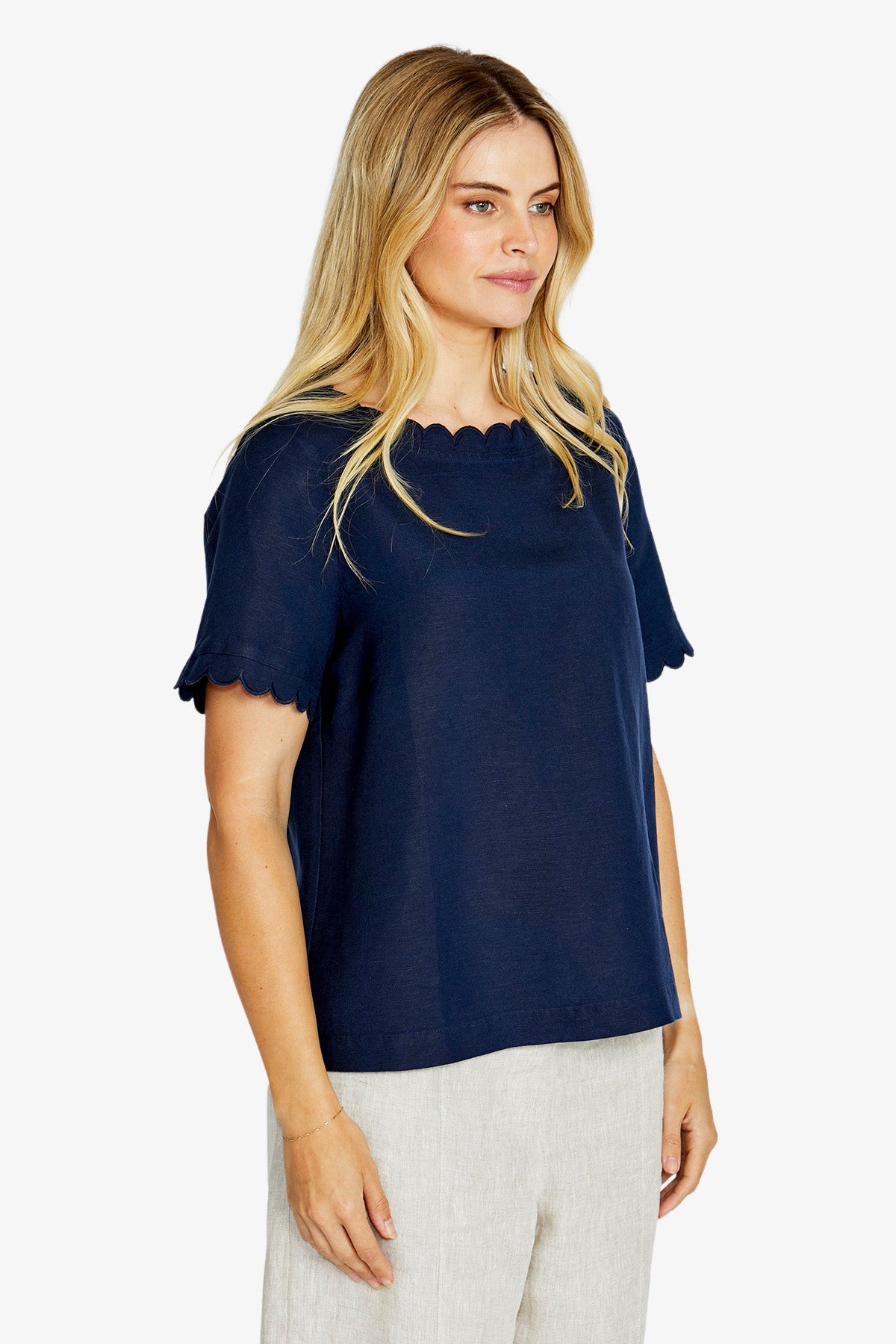 Ping Pong Monica Scallop Neck Short Sleeve Top - True Navy