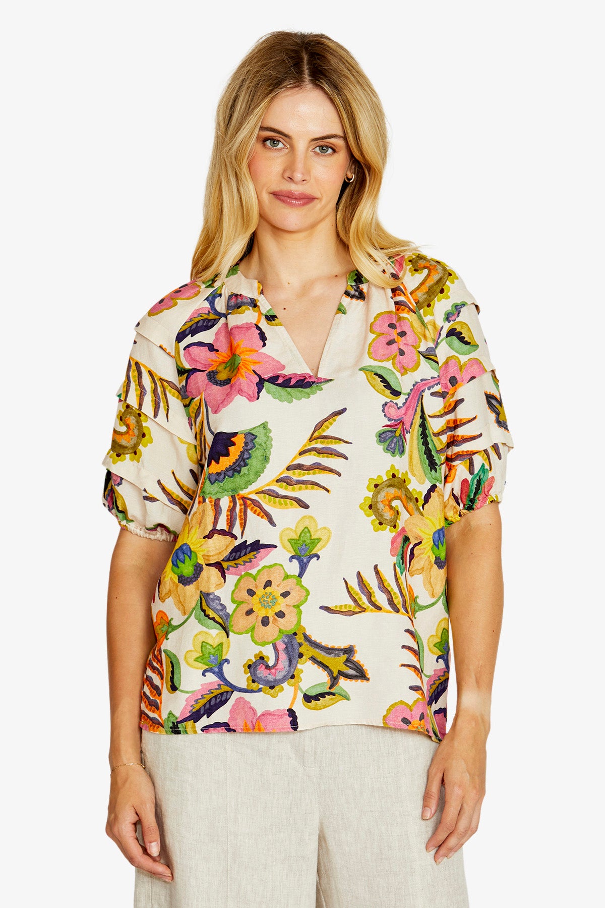 Ping Pong Audrey Gathered Open Neck Blouse - Carnival Print