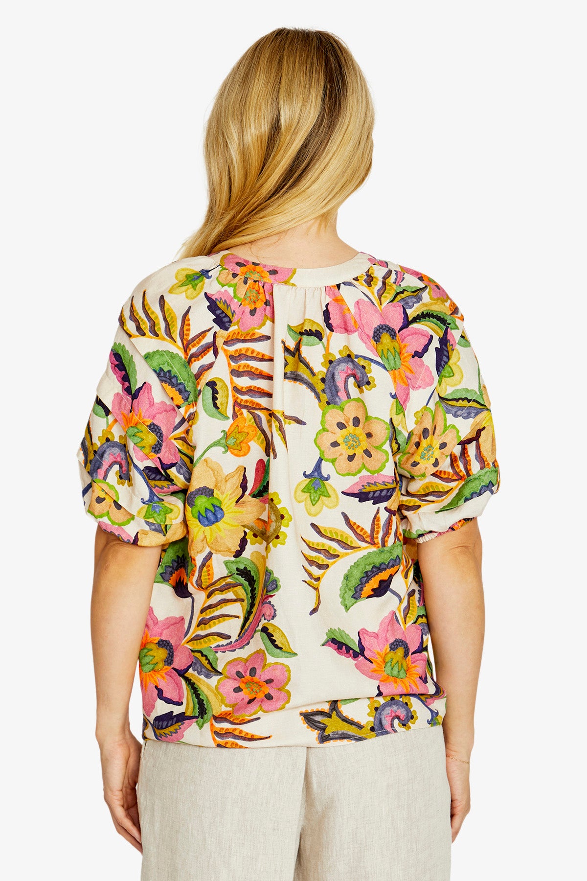 Ping Pong Audrey Gathered Open Neck Blouse - Carnival Print