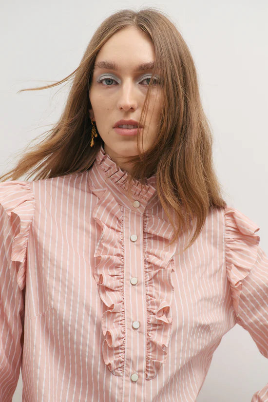 Maevarii Rue Long Sleeve Frill Shirt - Rosewater & Ivory Stripe