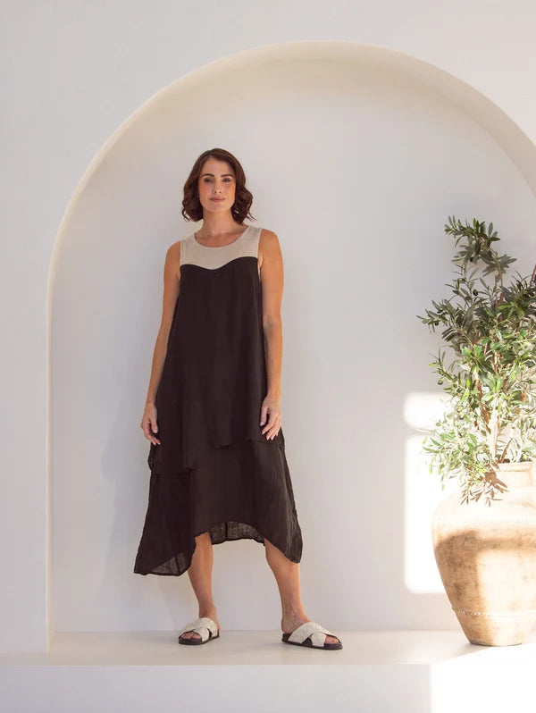 See Saw Sleeveless Jersey Double Layer Dress - Black/Flax