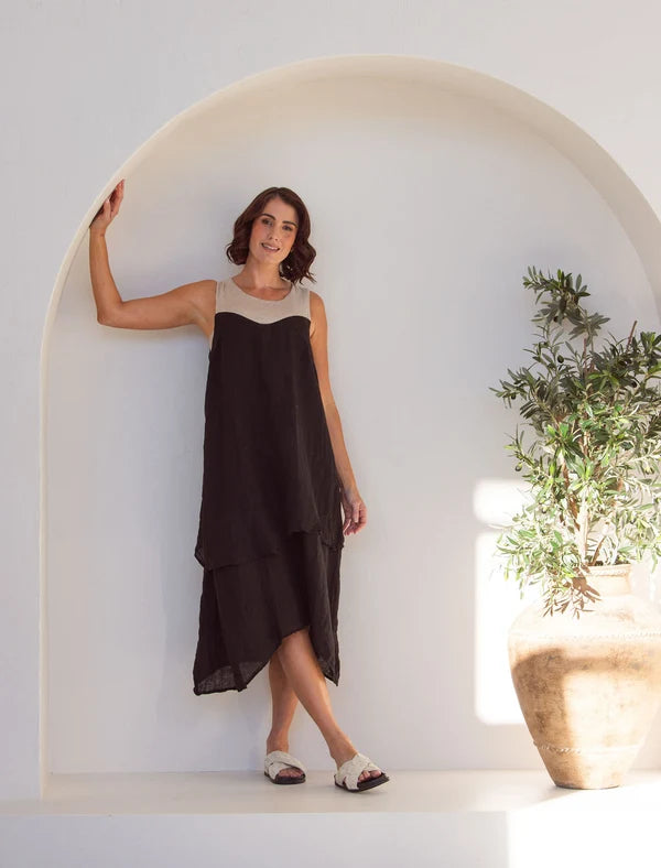 See Saw Sleeveless Jersey Double Layer Dress - Black/Flax