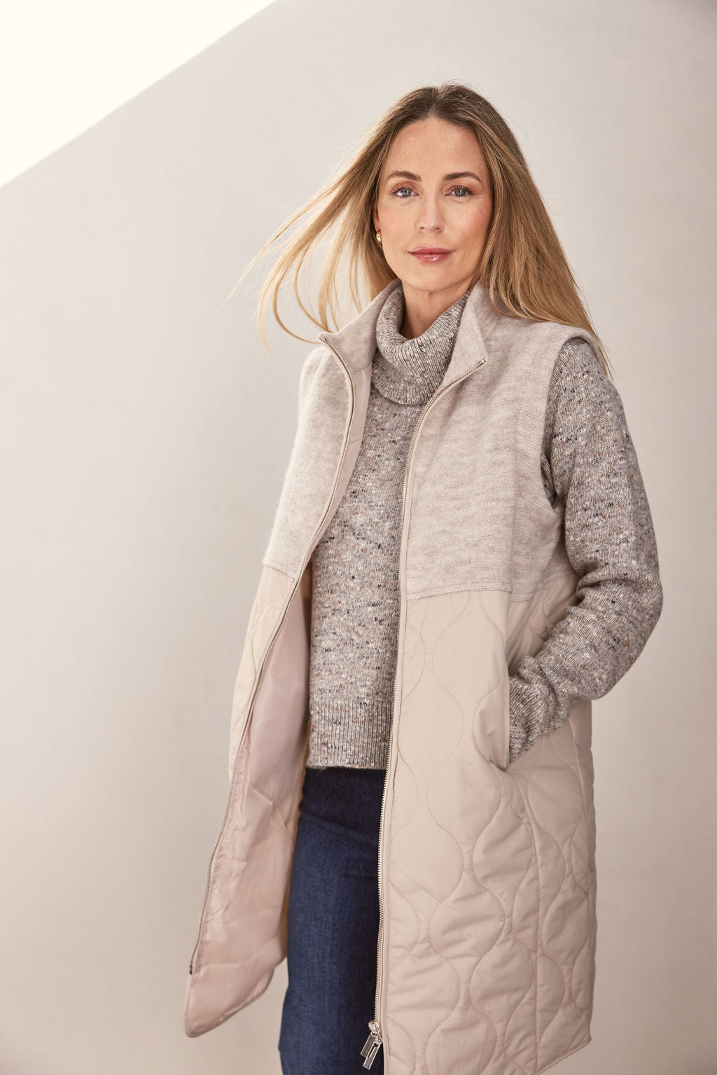 See Saw Longline Quilted Vest - Natural