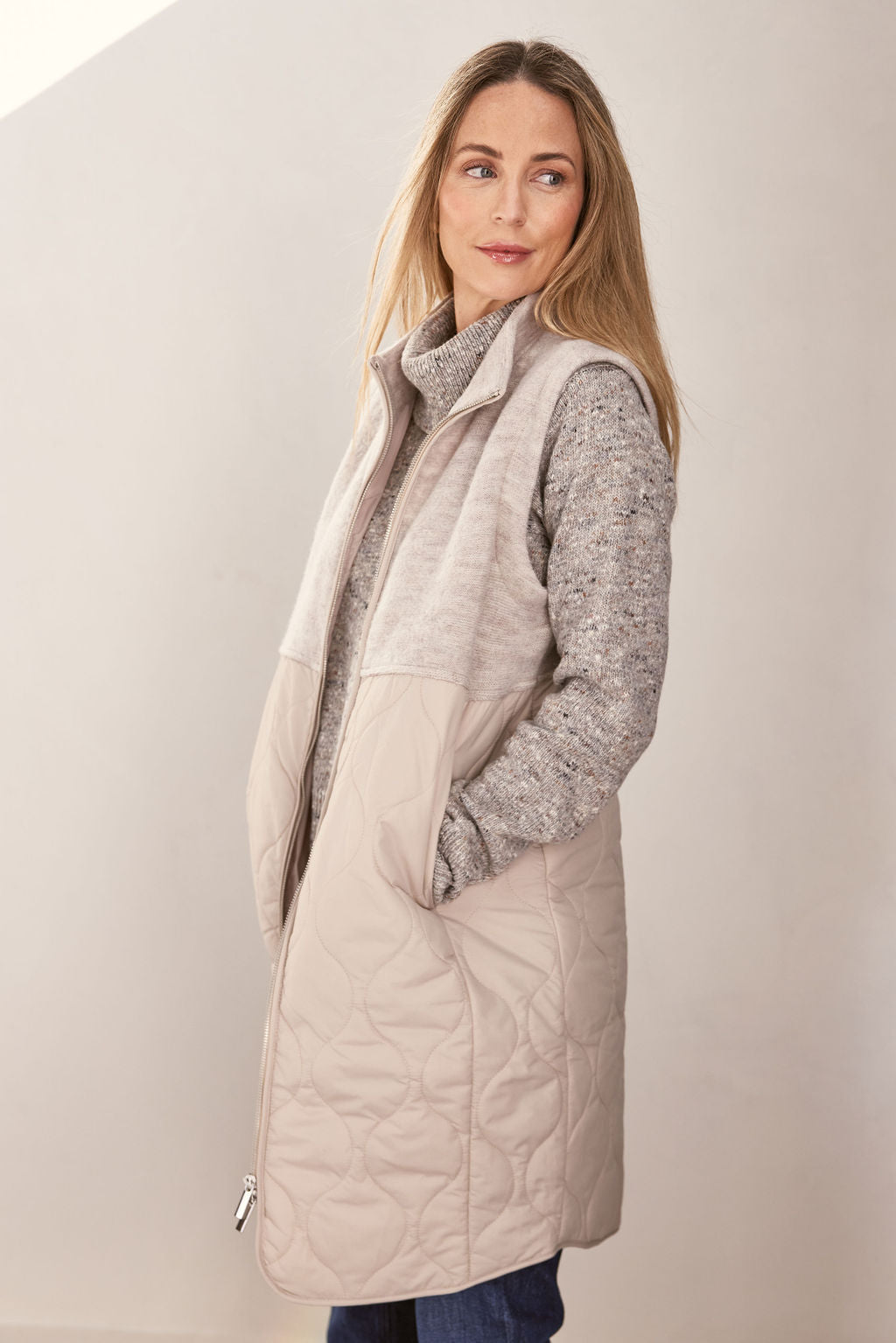See Saw Longline Quilted Vest - Natural