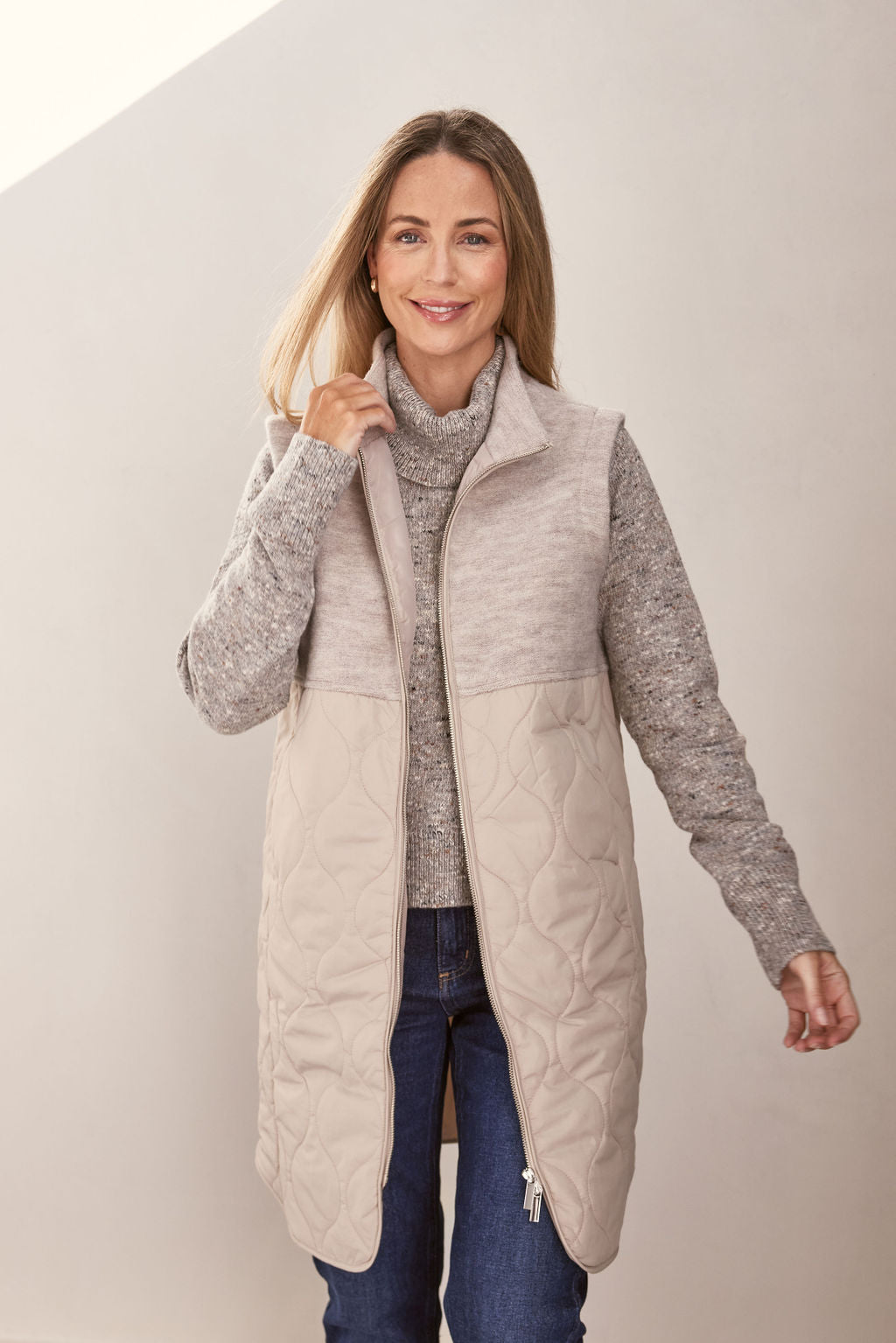 See Saw Longline Quilted Vest - Natural