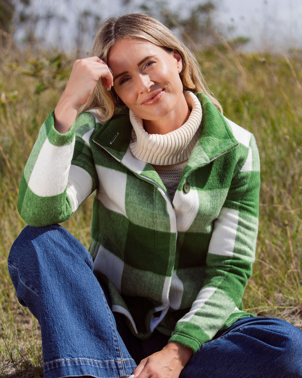 See Saw Plaid Funnel Neck Coat - Khaki/Cream