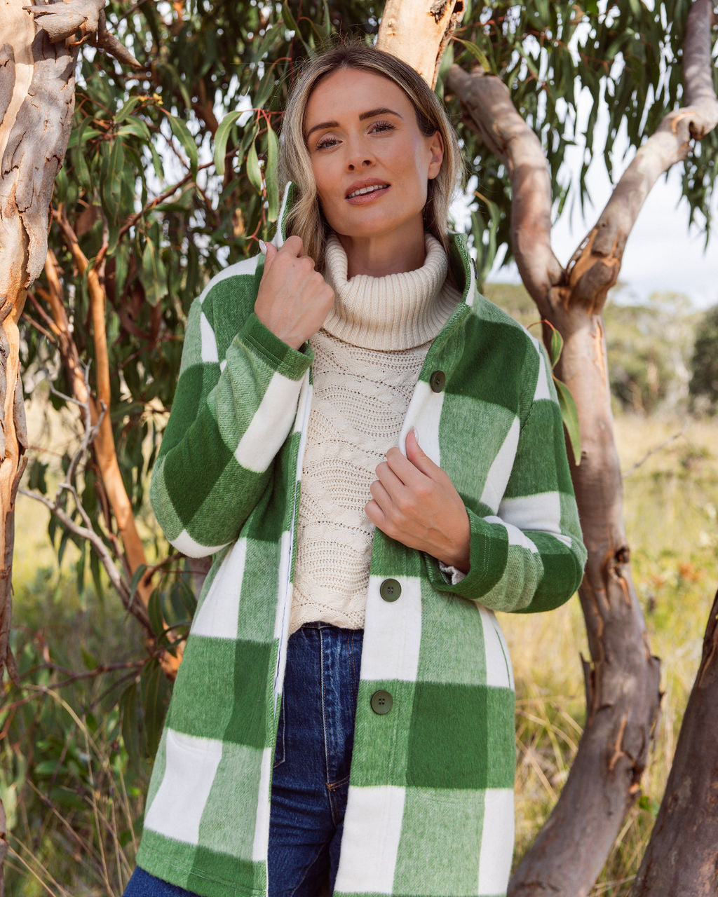 See Saw Plaid Funnel Neck Coat - Khaki/Cream